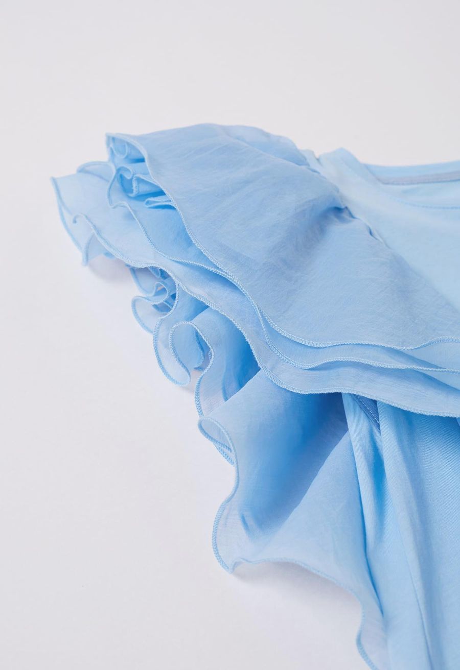 Exaggerated Organza Ruffles Sleeveless Top in Sky Blue
