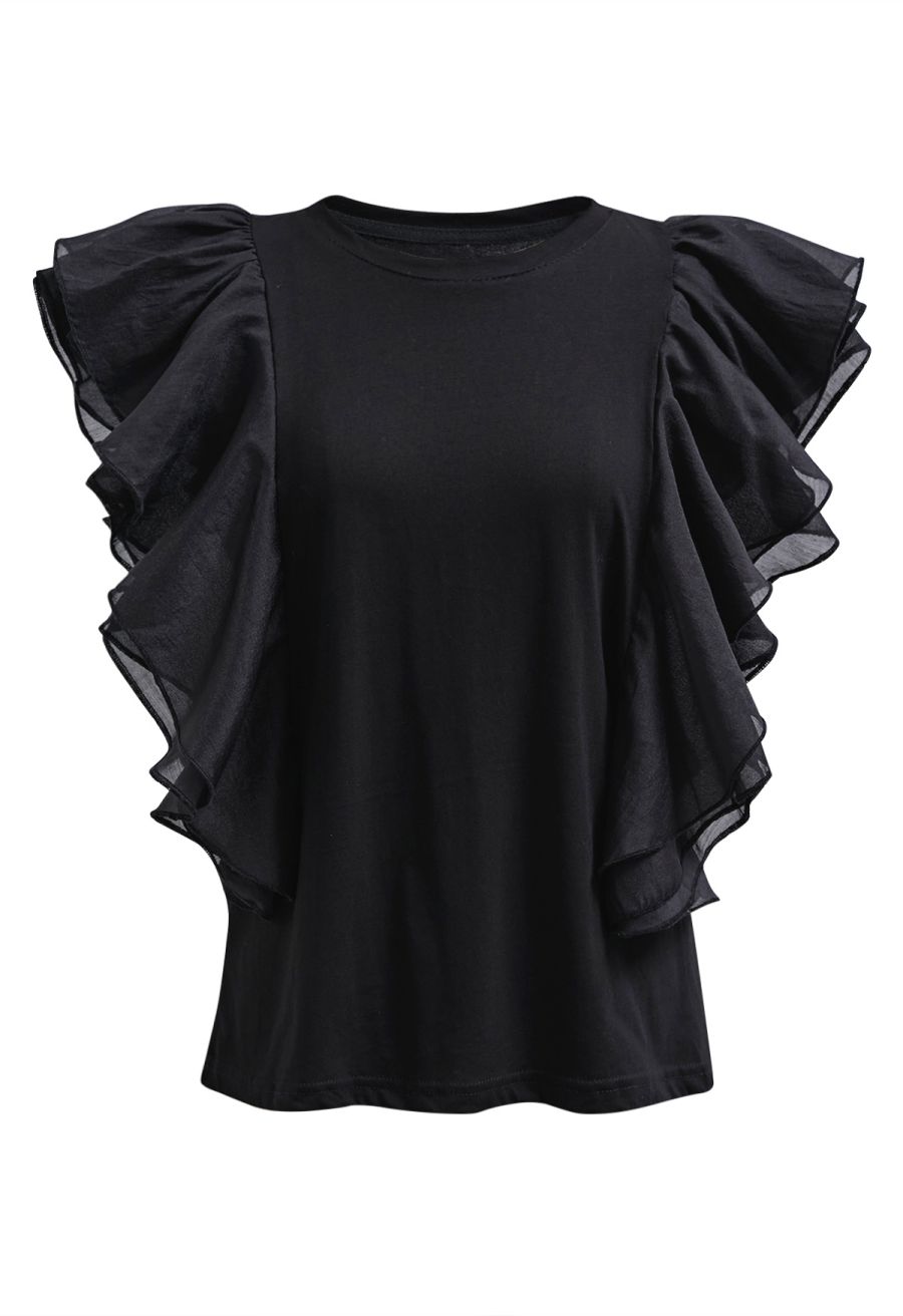 Exaggerated Organza Ruffles Sleeveless Top in Black