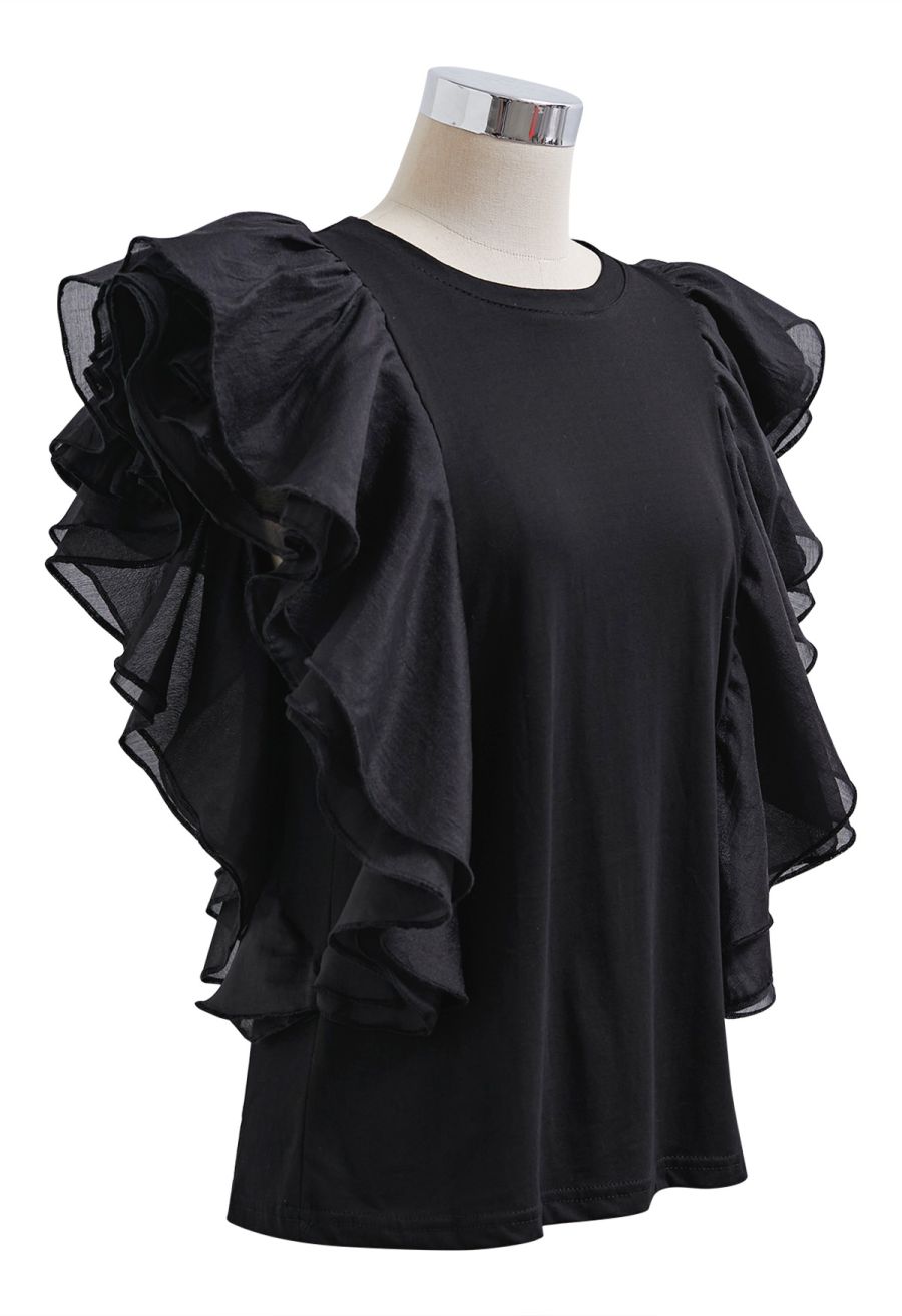 Exaggerated Organza Ruffles Sleeveless Top in Black
