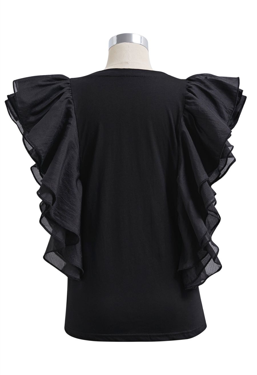 Exaggerated Organza Ruffles Sleeveless Top in Black