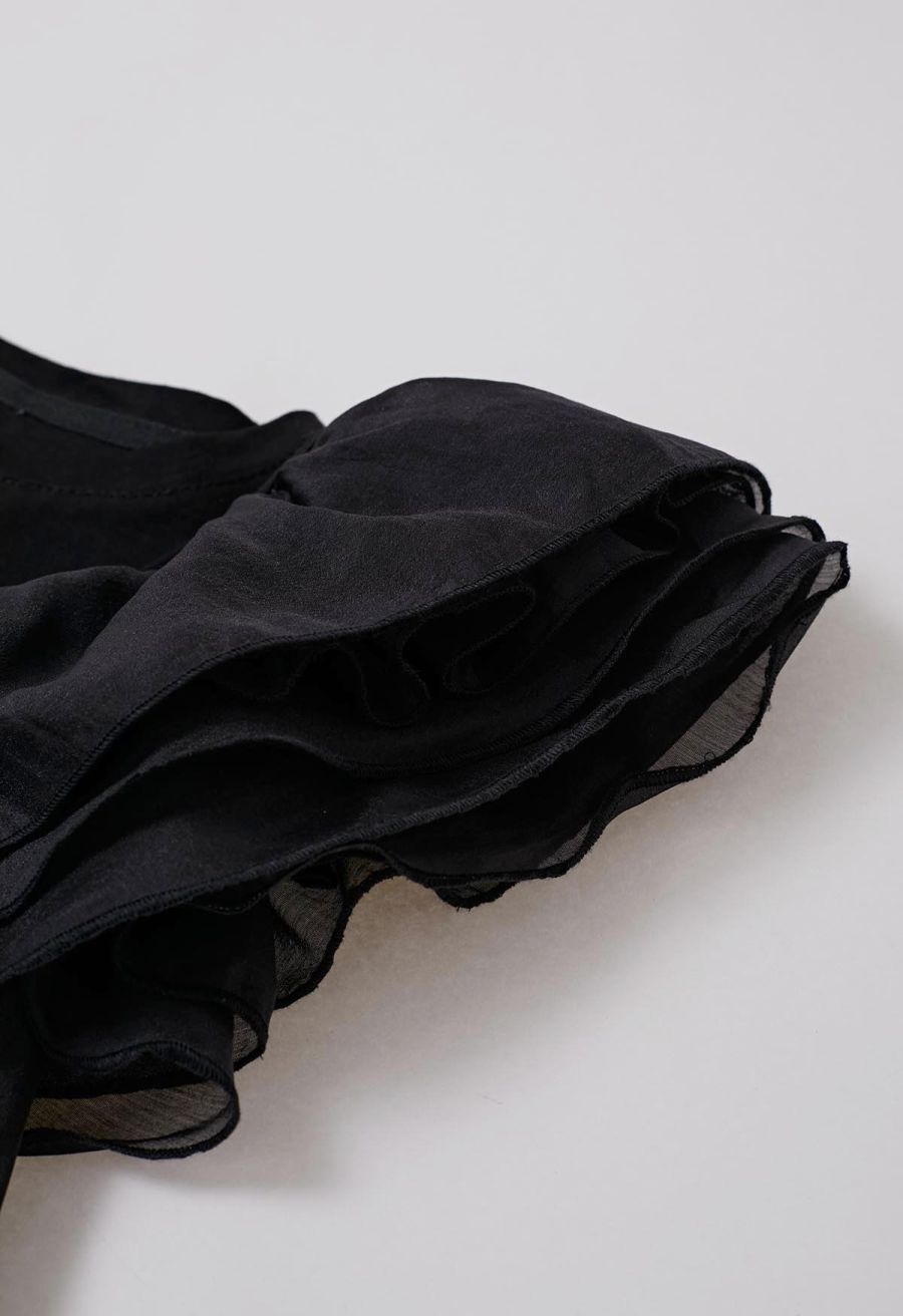 Exaggerated Organza Ruffles Sleeveless Top in Black