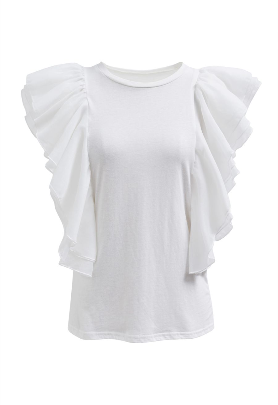 Exaggerated Organza Ruffles Sleeveless Top in White