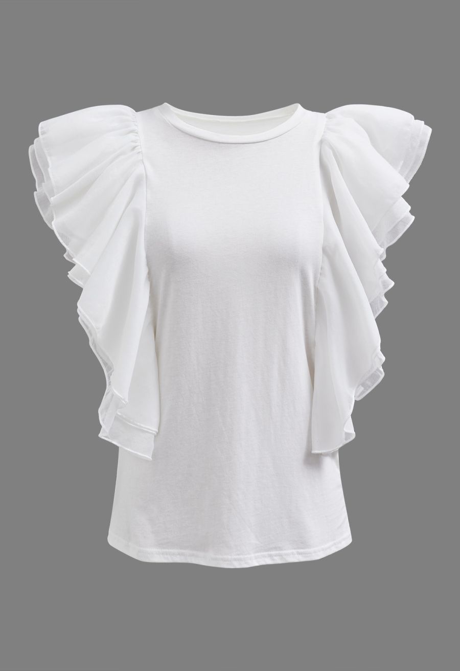 Exaggerated Organza Ruffles Sleeveless Top in White
