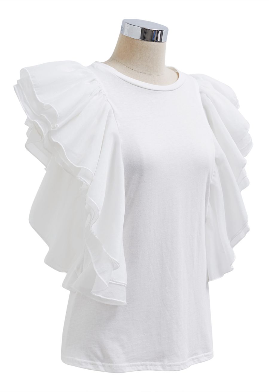 Exaggerated Organza Ruffles Sleeveless Top in White