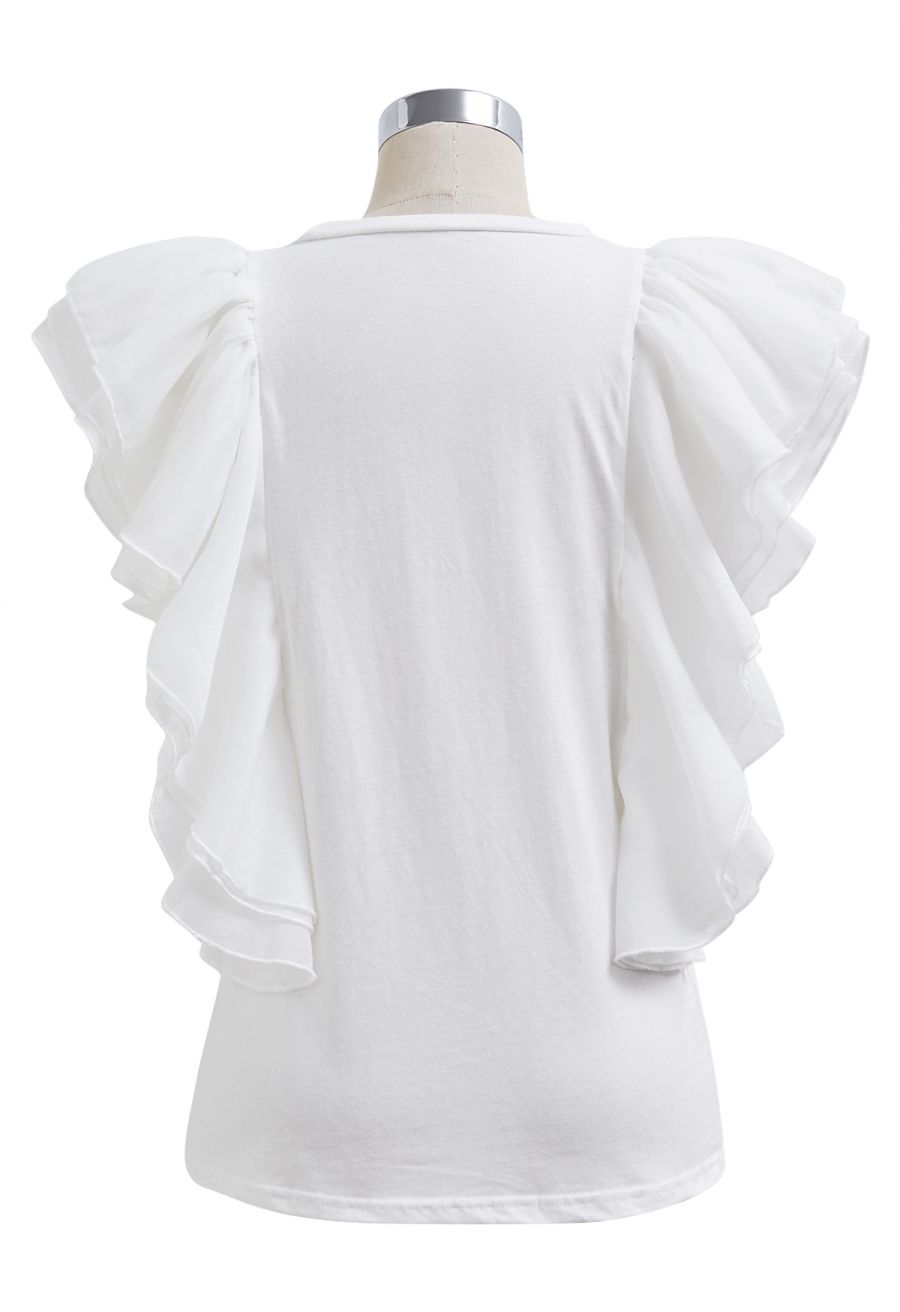 Exaggerated Organza Ruffles Sleeveless Top in White