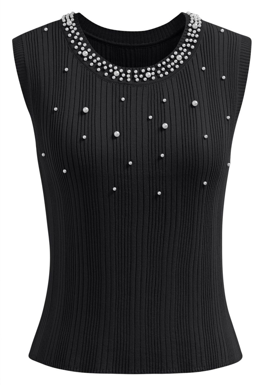 Pearl Trimmed Sleeveless Ribbed Crop Knit Top in Black