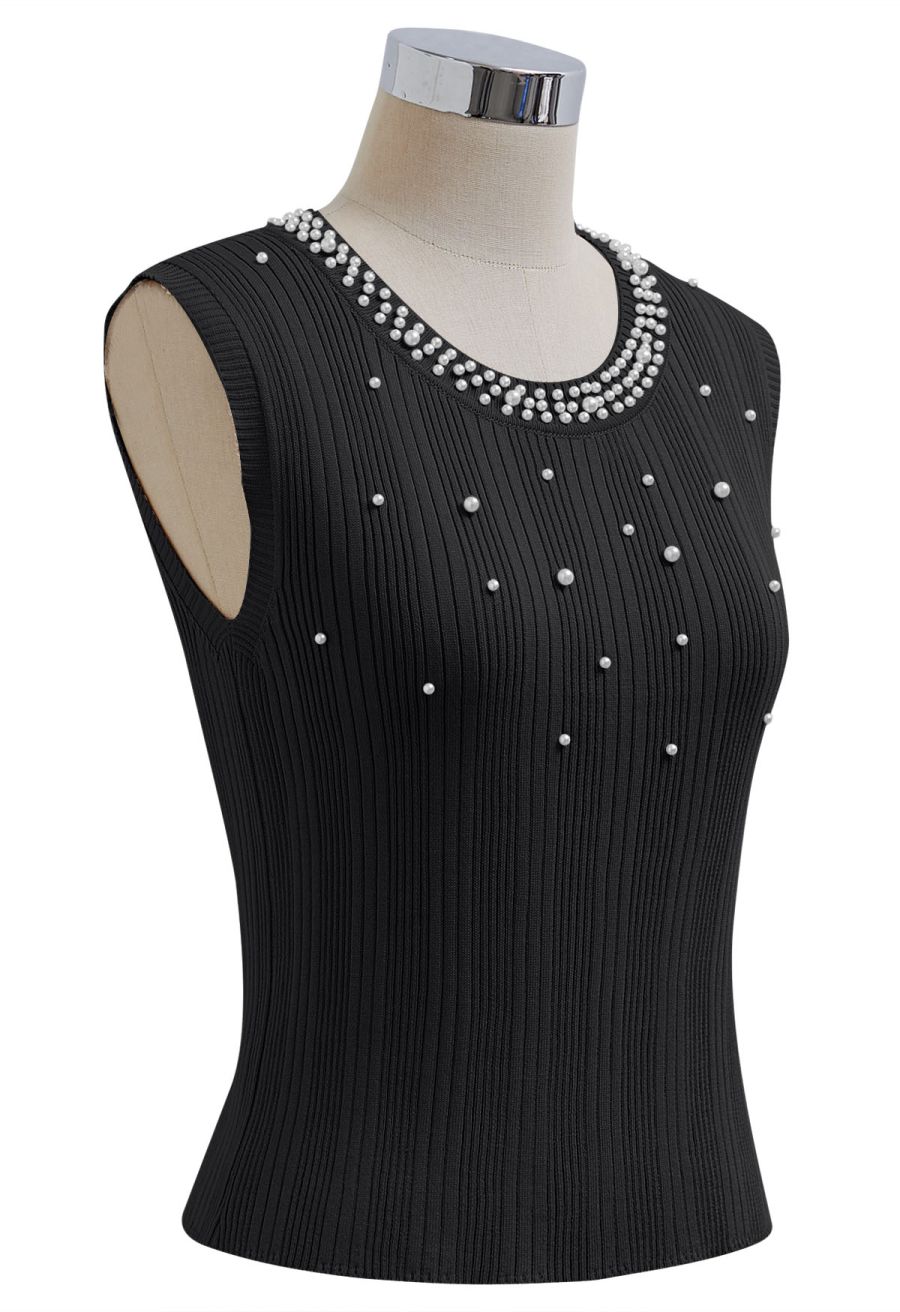 Pearl Trimmed Sleeveless Ribbed Crop Knit Top in Black