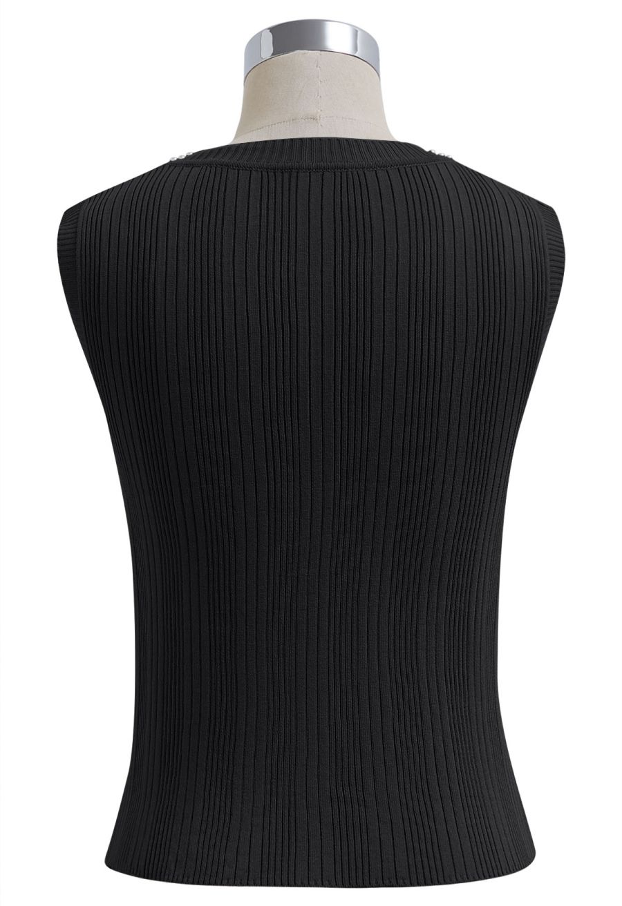 Pearl Trimmed Sleeveless Ribbed Crop Knit Top in Black