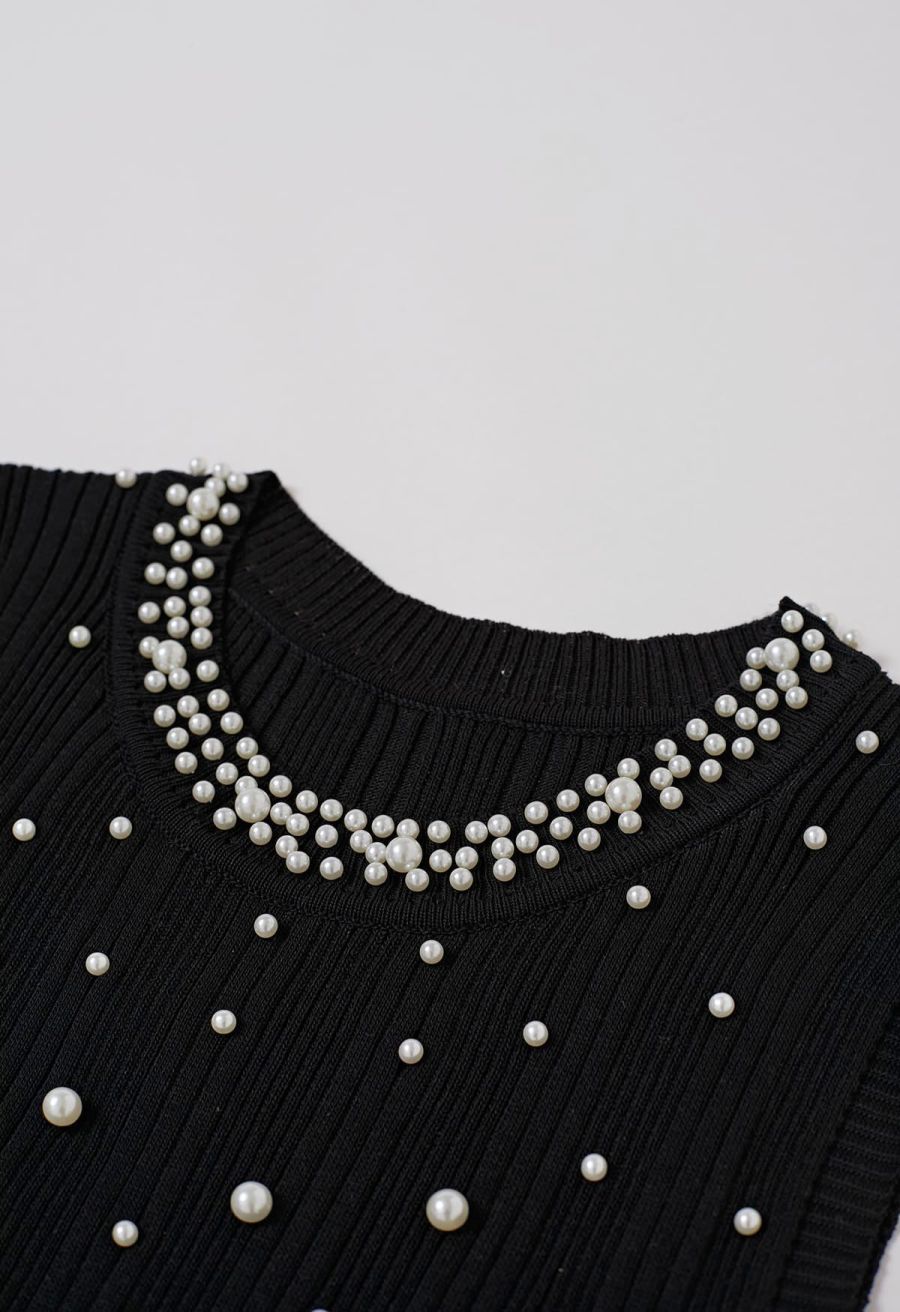 Pearl Trimmed Sleeveless Ribbed Crop Knit Top in Black