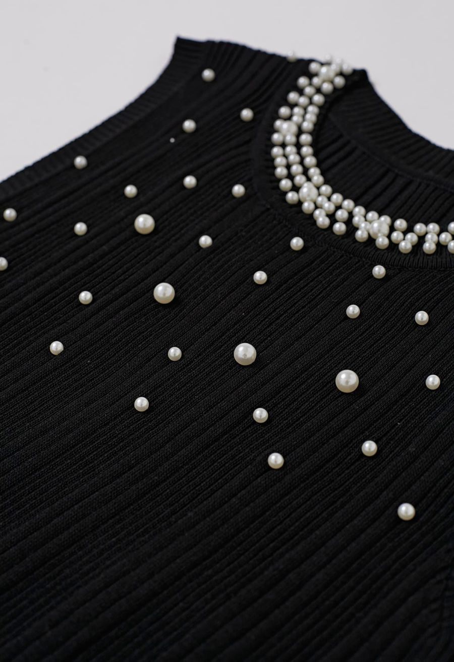 Pearl Trimmed Sleeveless Ribbed Crop Knit Top in Black