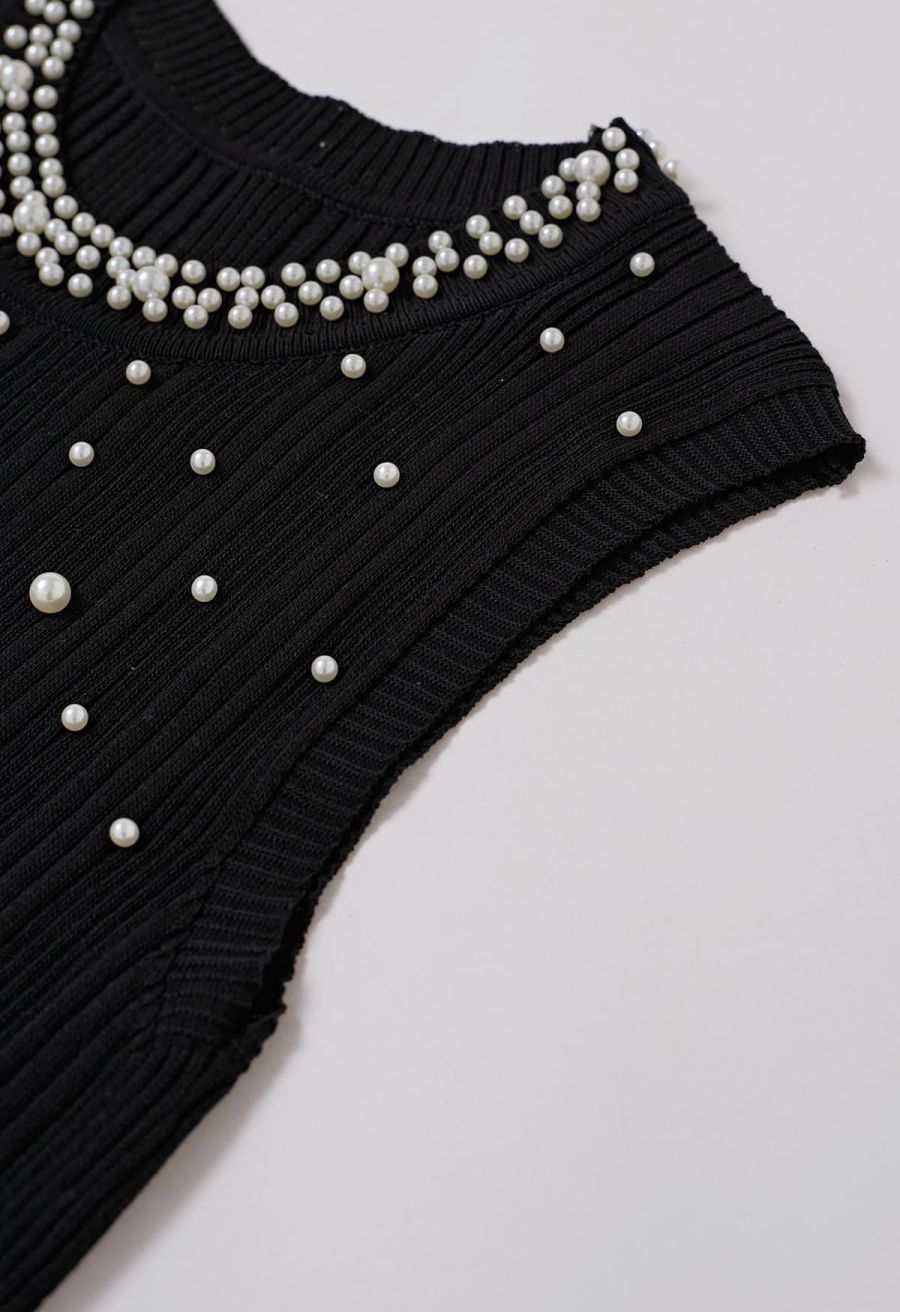 Pearl Trimmed Sleeveless Ribbed Crop Knit Top in Black