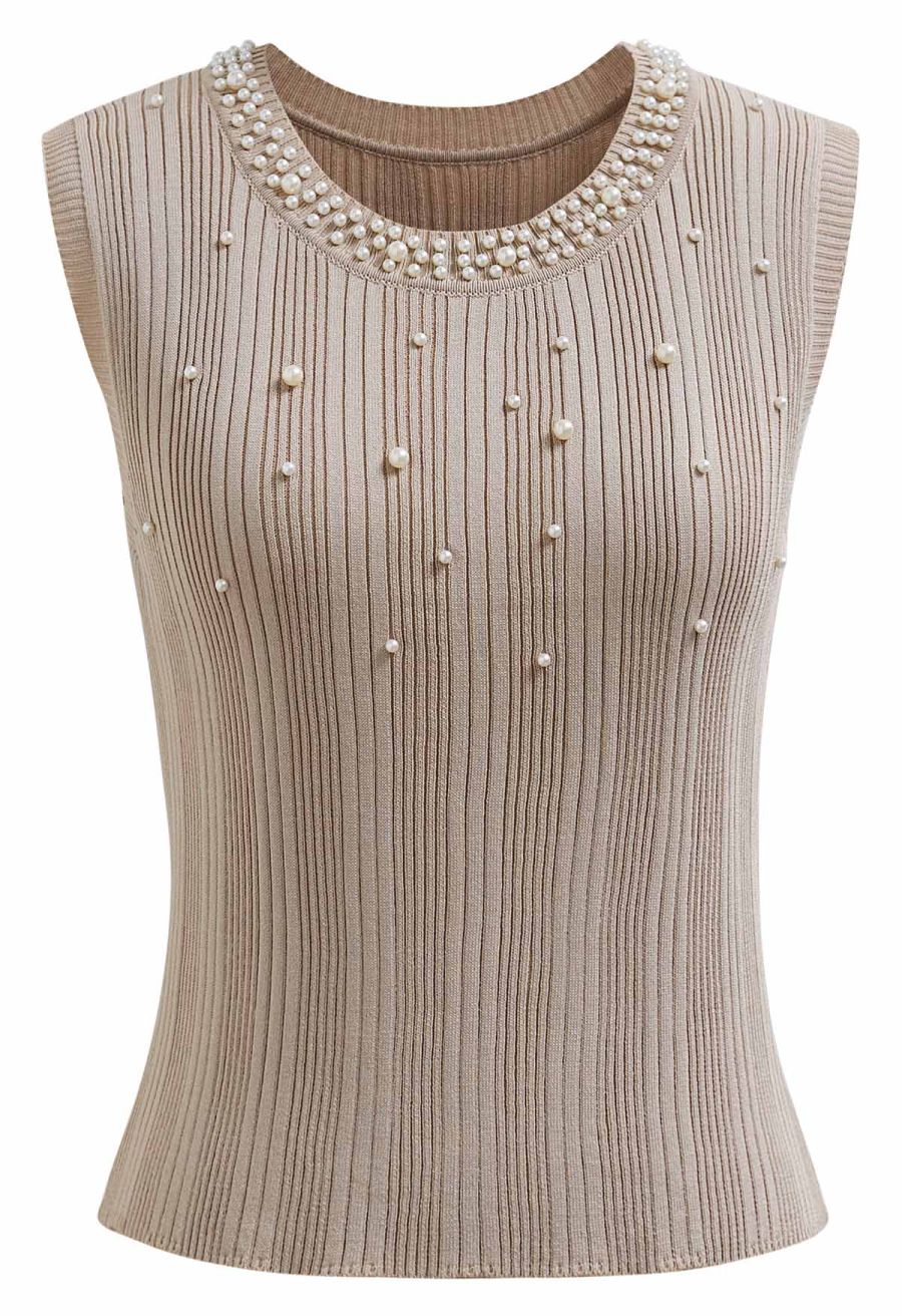 Pearl Trimmed Sleeveless Ribbed Crop Knit Top in Light Tan