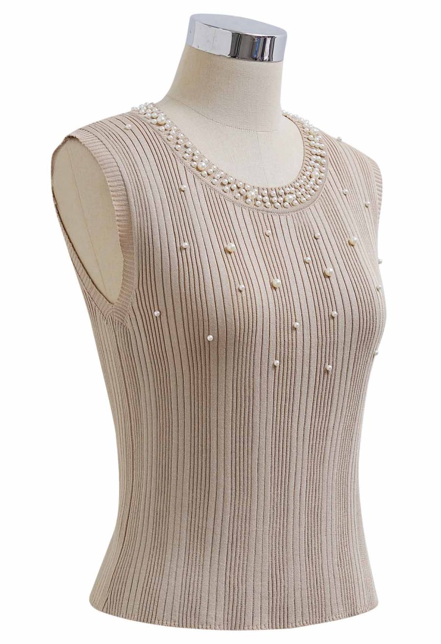 Pearl Trimmed Sleeveless Ribbed Crop Knit Top in Light Tan