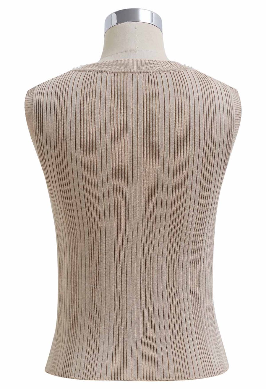 Pearl Trimmed Sleeveless Ribbed Crop Knit Top in Light Tan