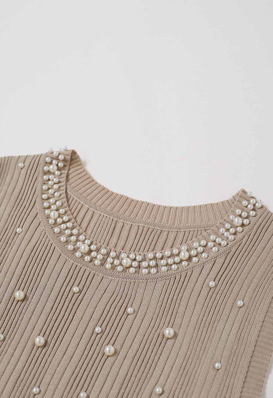 Pearl Trimmed Sleeveless Ribbed Crop Knit Top in Light Tan
