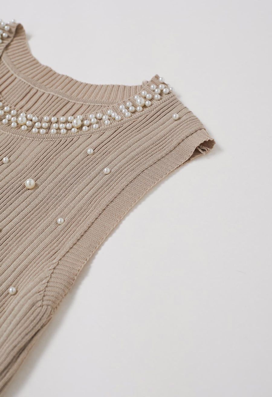 Pearl Trimmed Sleeveless Ribbed Crop Knit Top in Light Tan