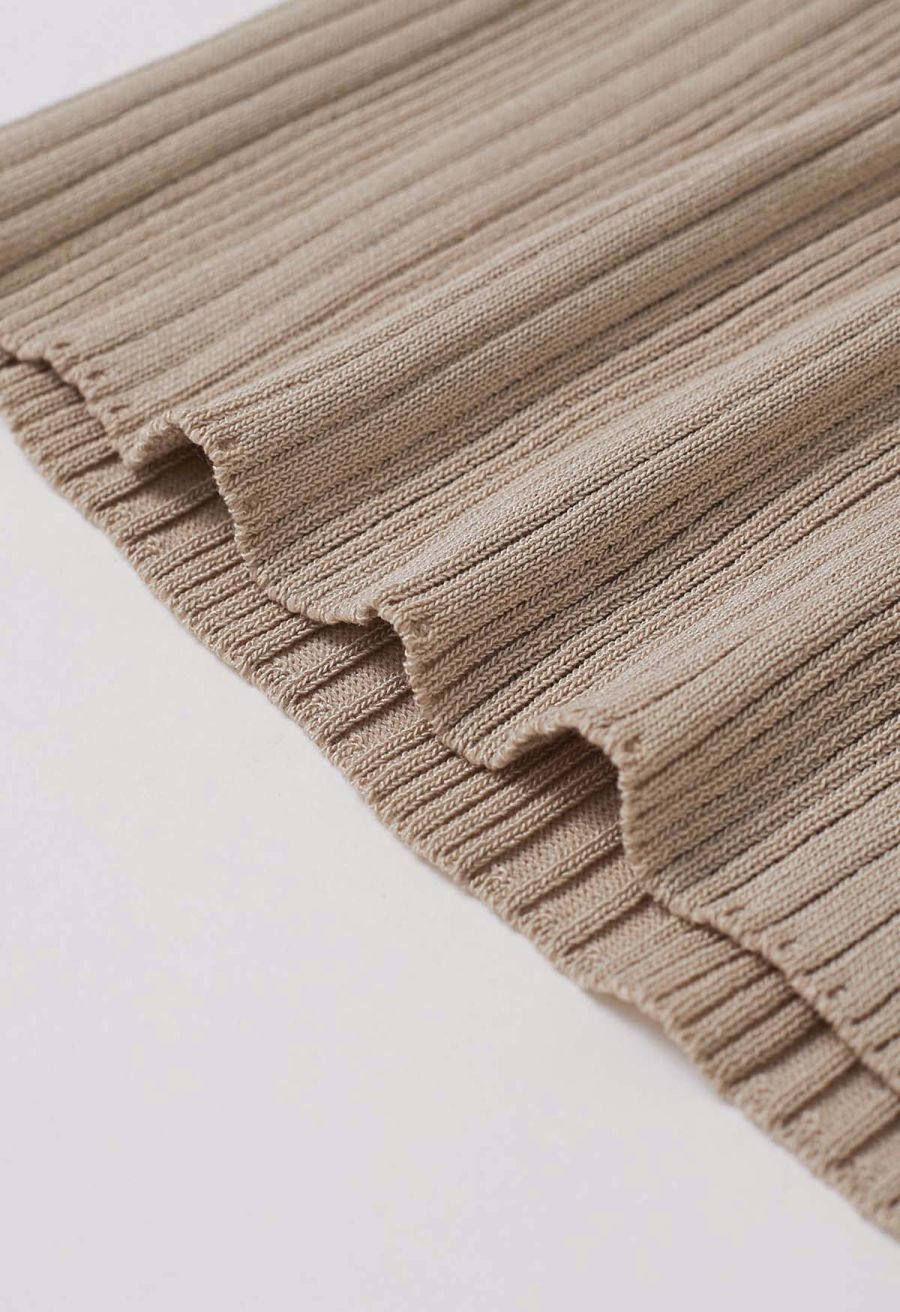Pearl Trimmed Sleeveless Ribbed Crop Knit Top in Light Tan