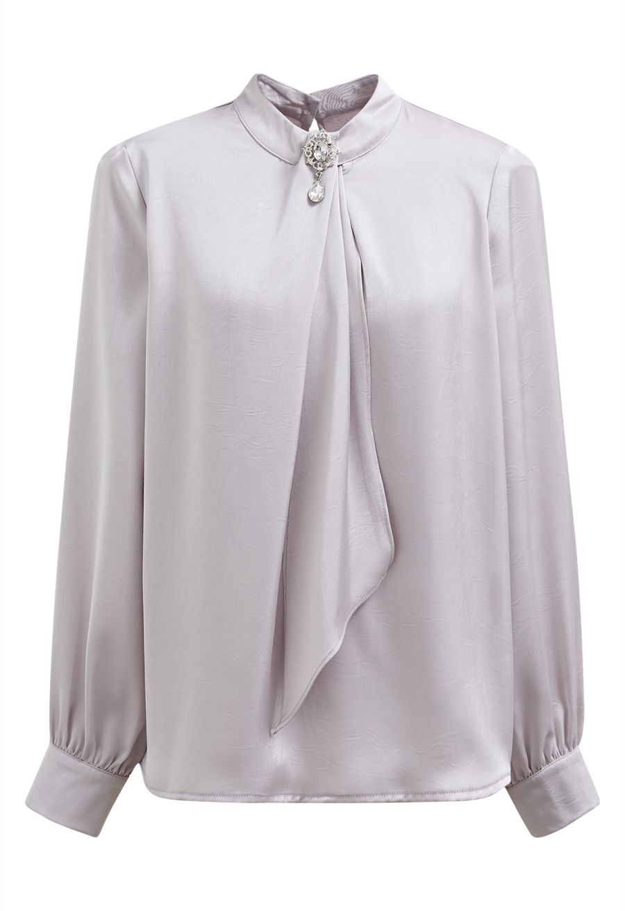 Brooch Decor Necktie Textured Satin Top in Lavender