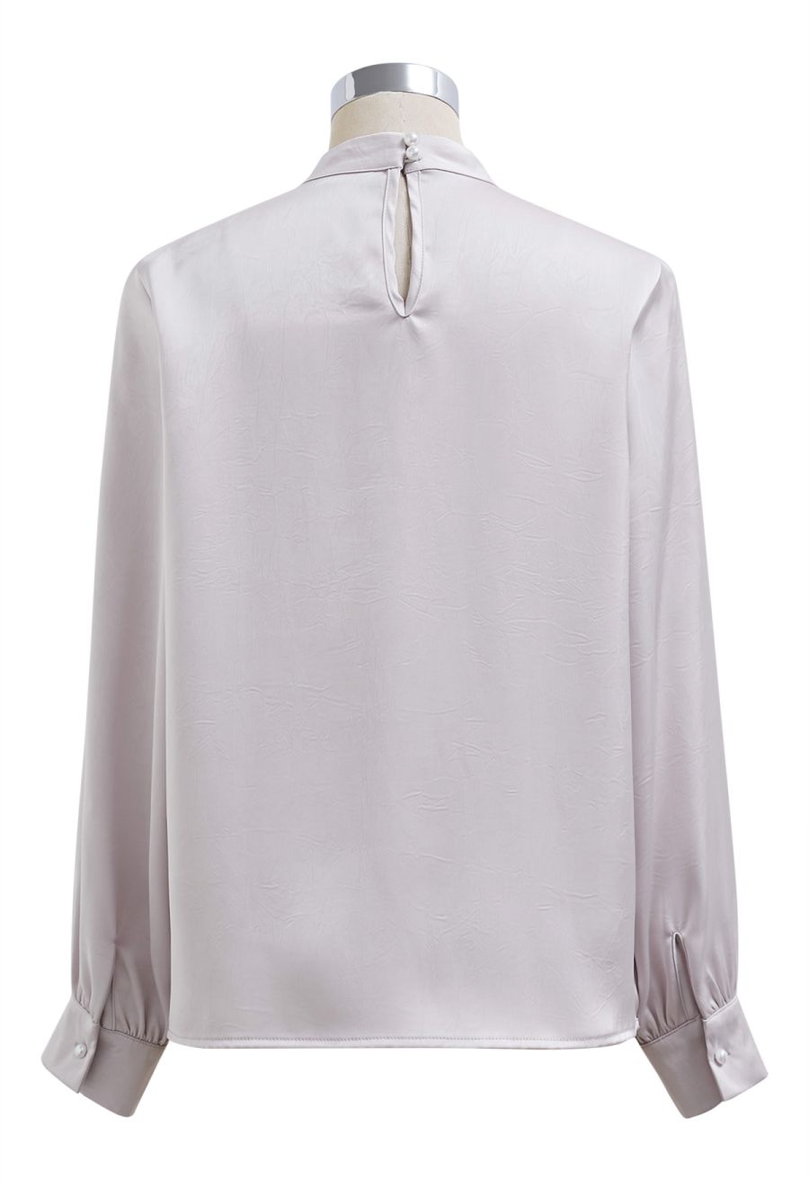 Brooch Decor Necktie Textured Satin Top in Lavender