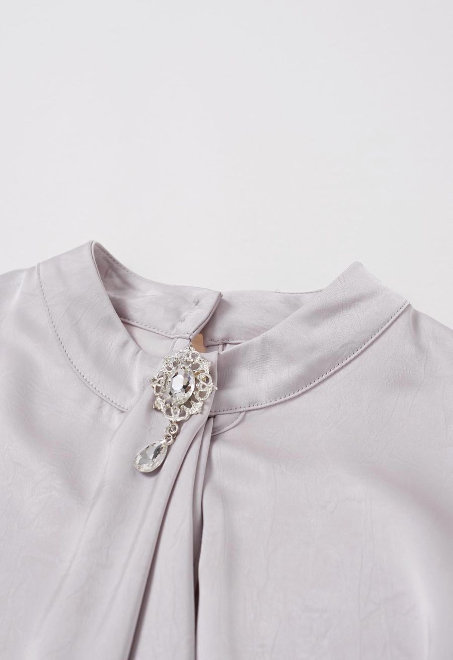 Brooch Decor Necktie Textured Satin Top in Lavender