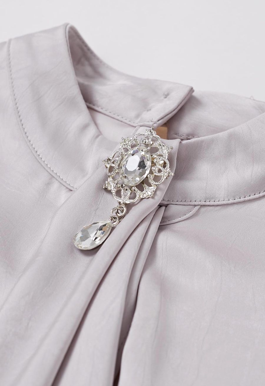 Brooch Decor Necktie Textured Satin Top in Lavender