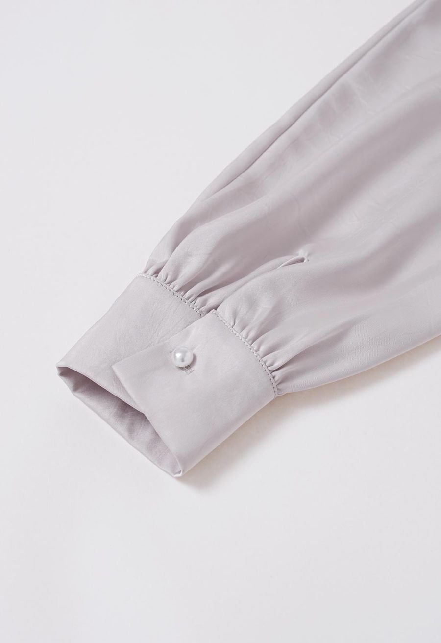 Brooch Decor Necktie Textured Satin Top in Lavender