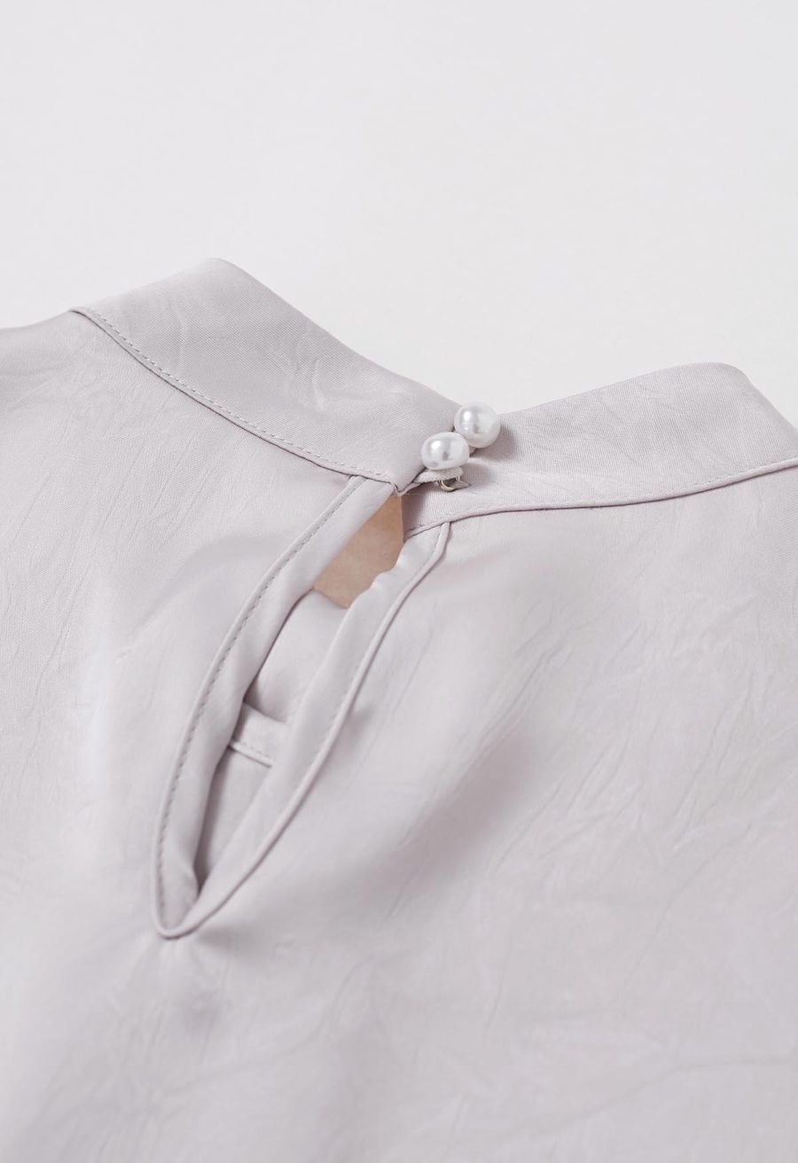 Brooch Decor Necktie Textured Satin Top in Lavender