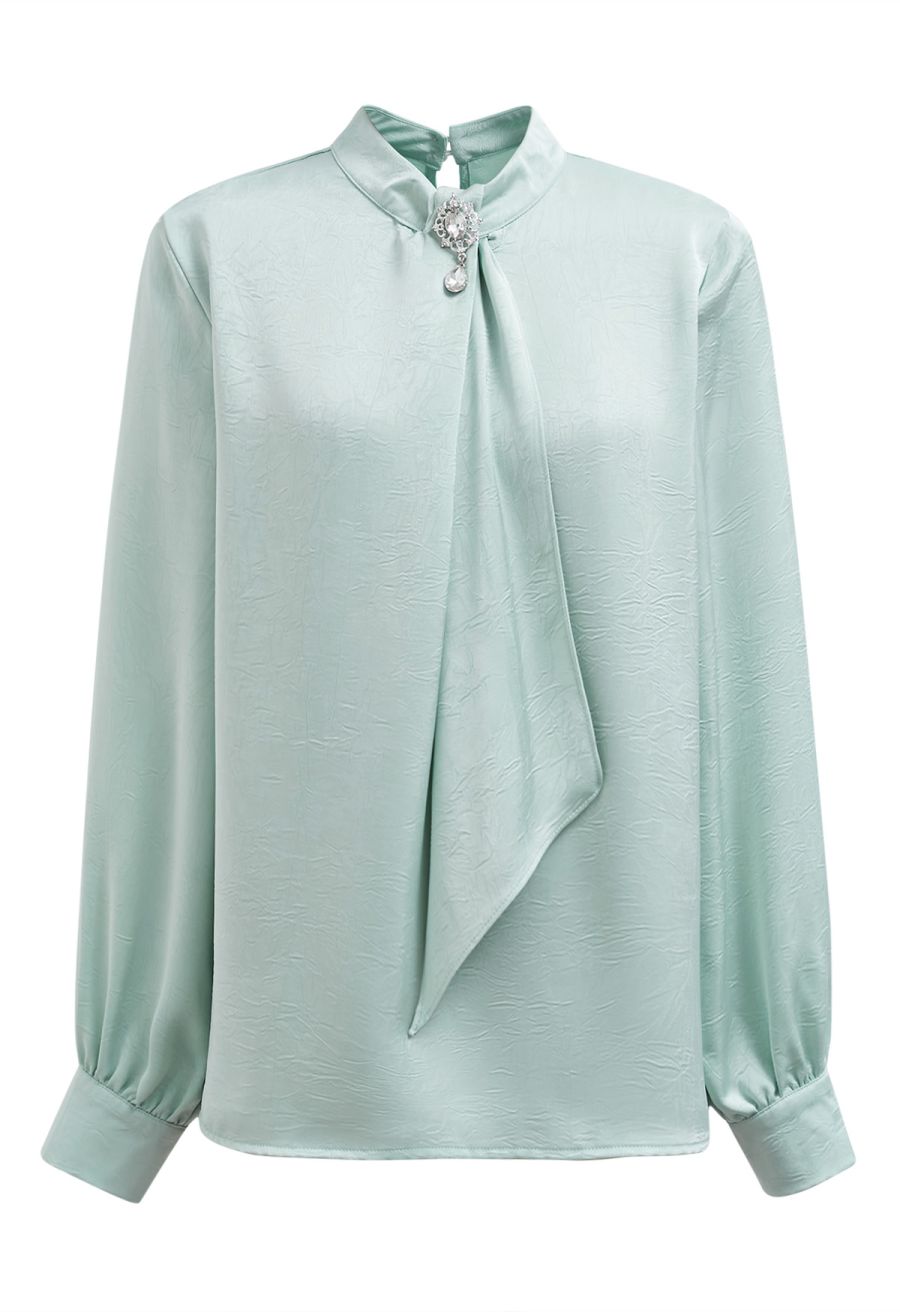 Brooch Decor Necktie Textured Satin Top in in Mint