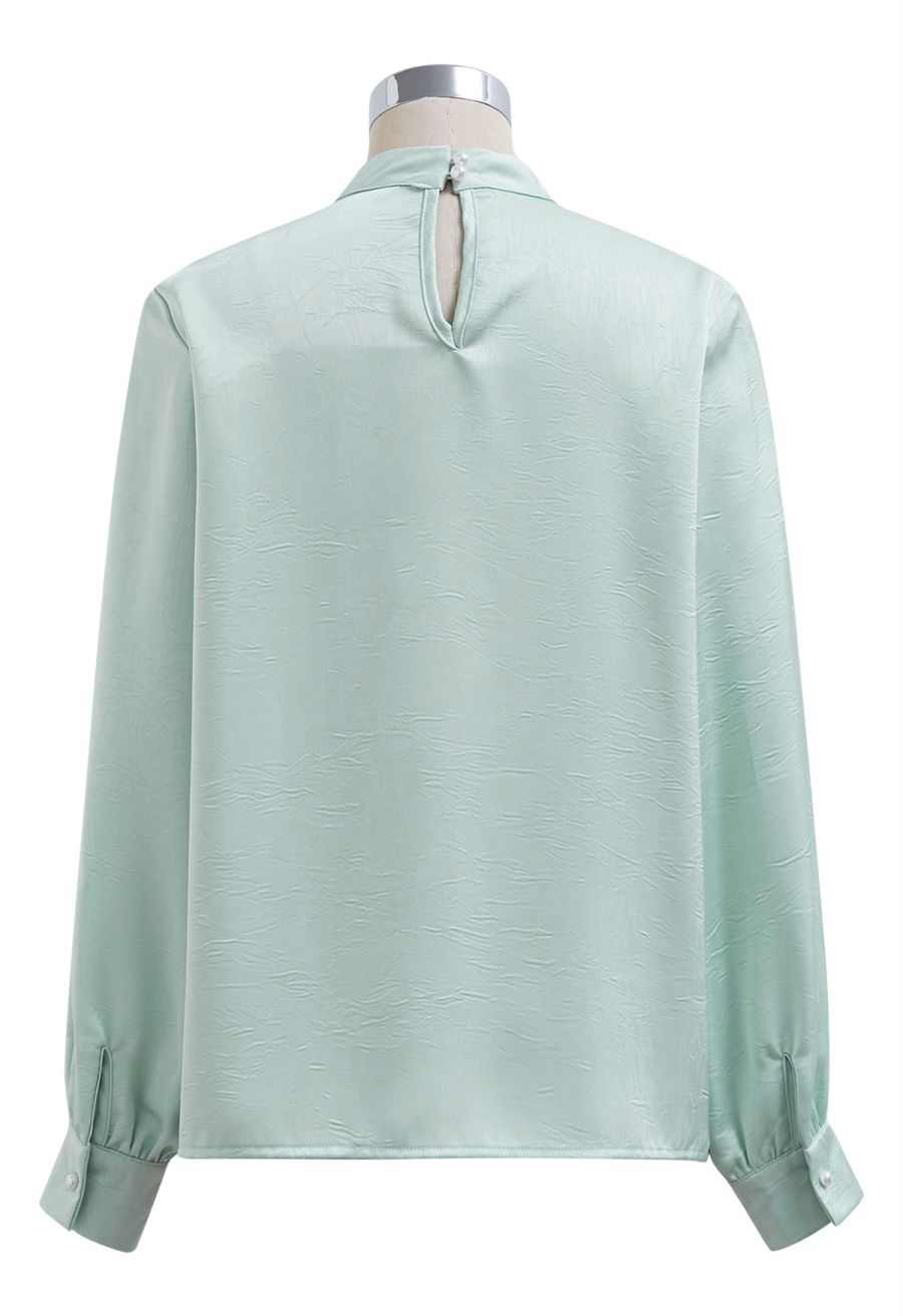 Brooch Decor Necktie Textured Satin Top in in Mint
