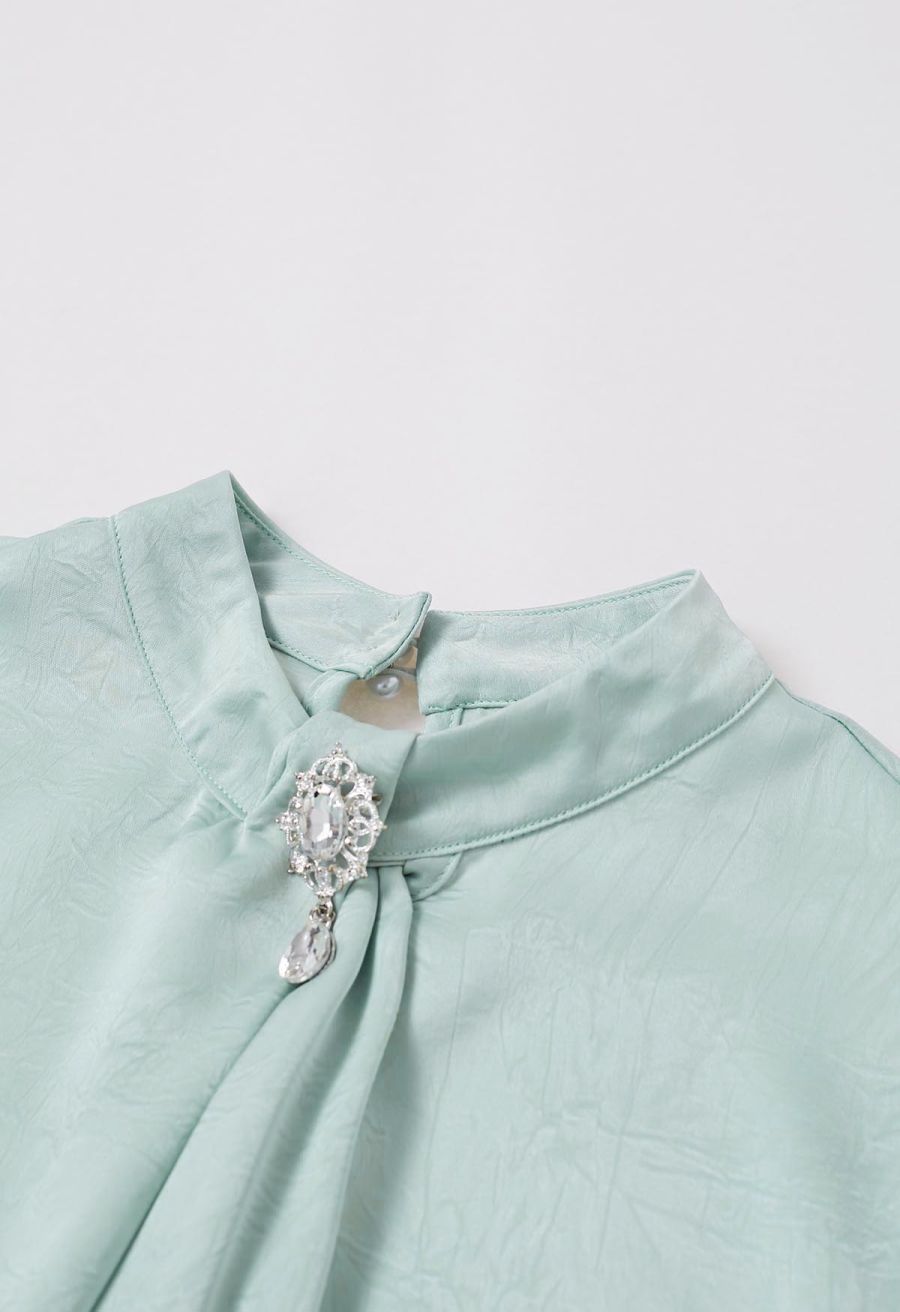 Brooch Decor Necktie Textured Satin Top in in Mint