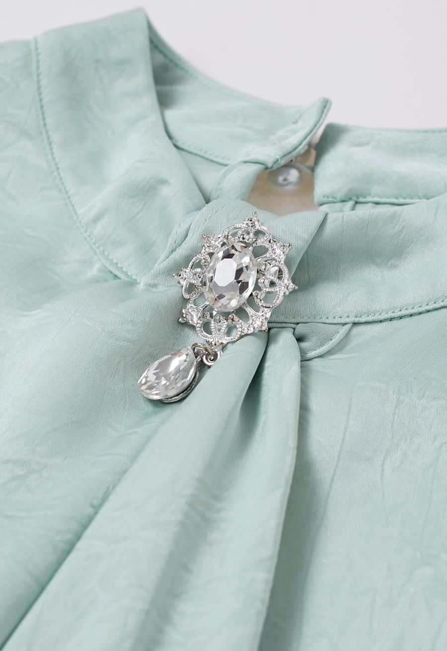 Brooch Decor Necktie Textured Satin Top in in Mint
