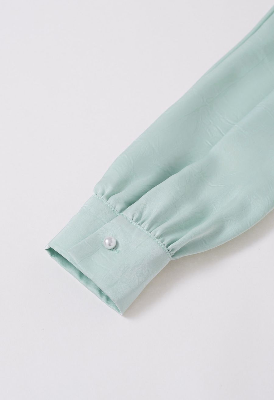 Brooch Decor Necktie Textured Satin Top in in Mint