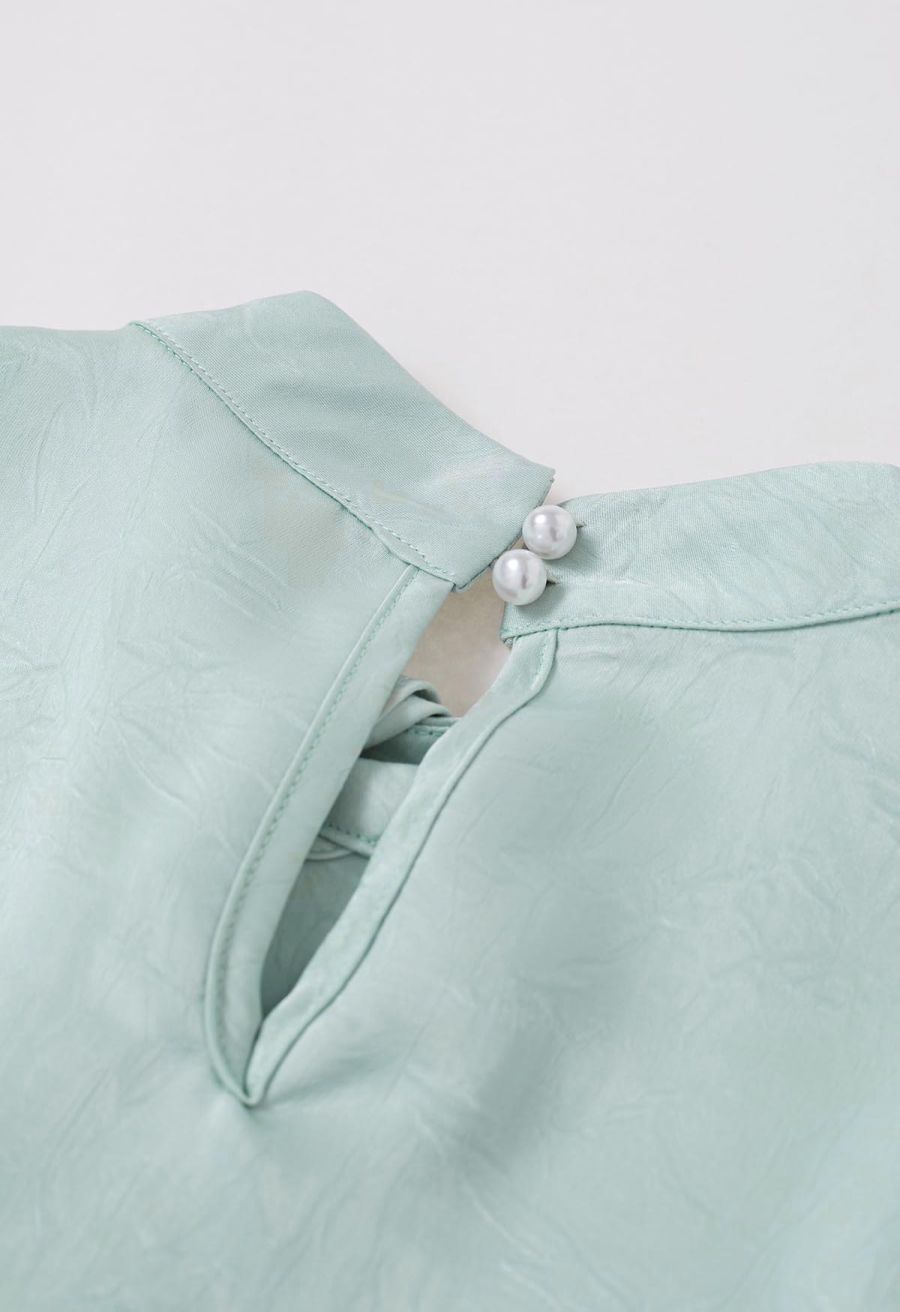 Brooch Decor Necktie Textured Satin Top in in Mint