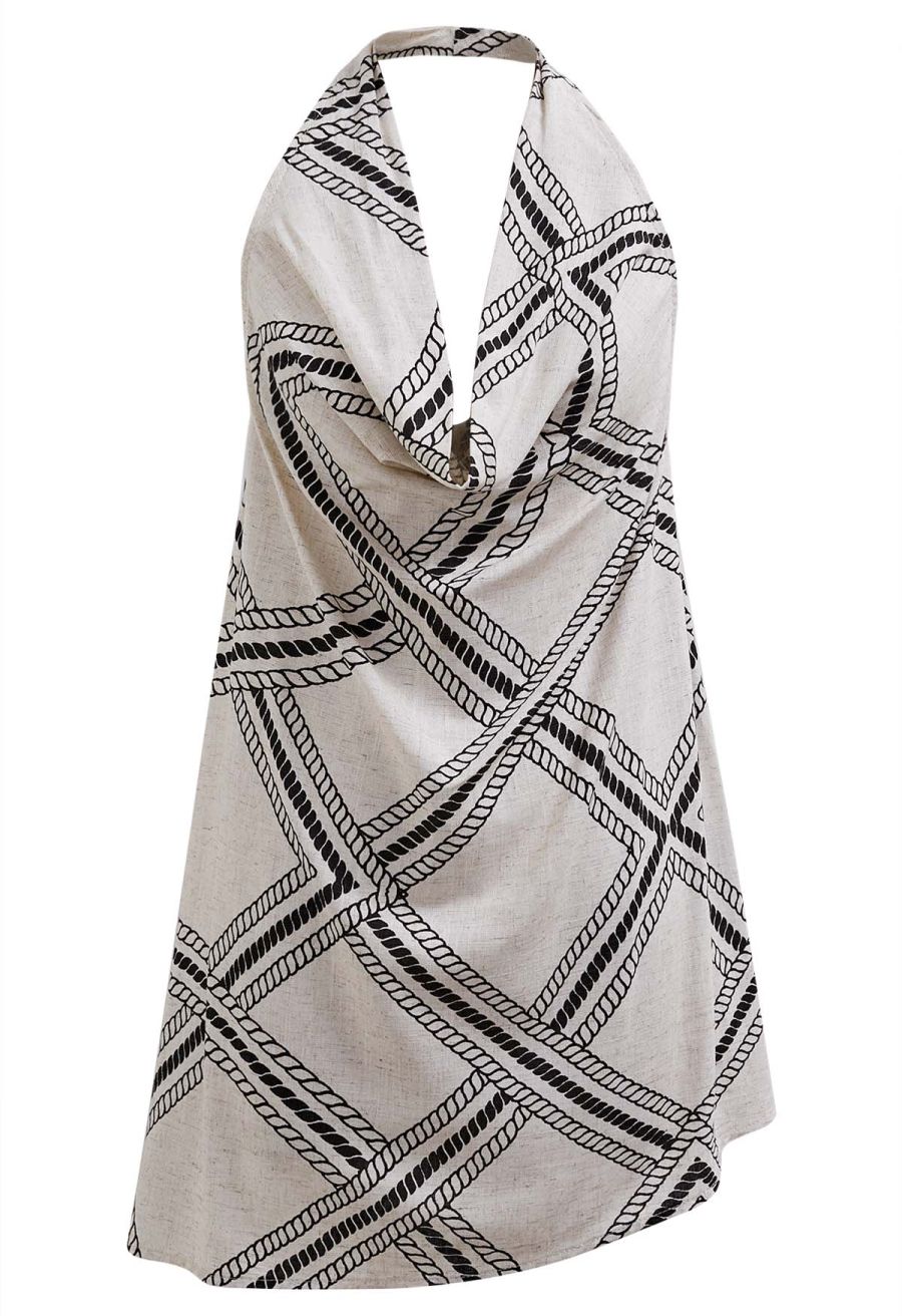 Geometric Grid Linen-Blend Backless Halter Top