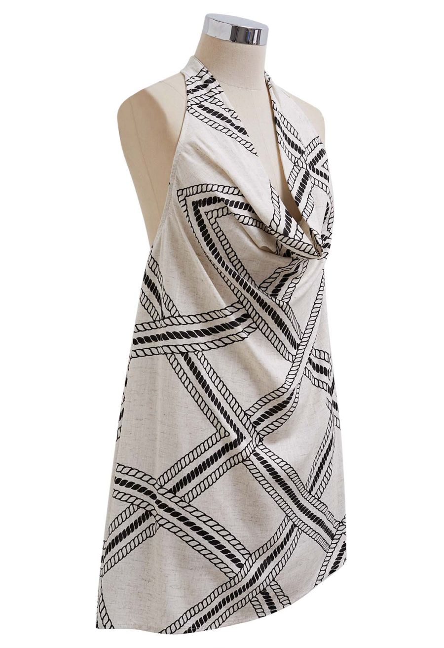 Geometric Grid Linen-Blend Backless Halter Top