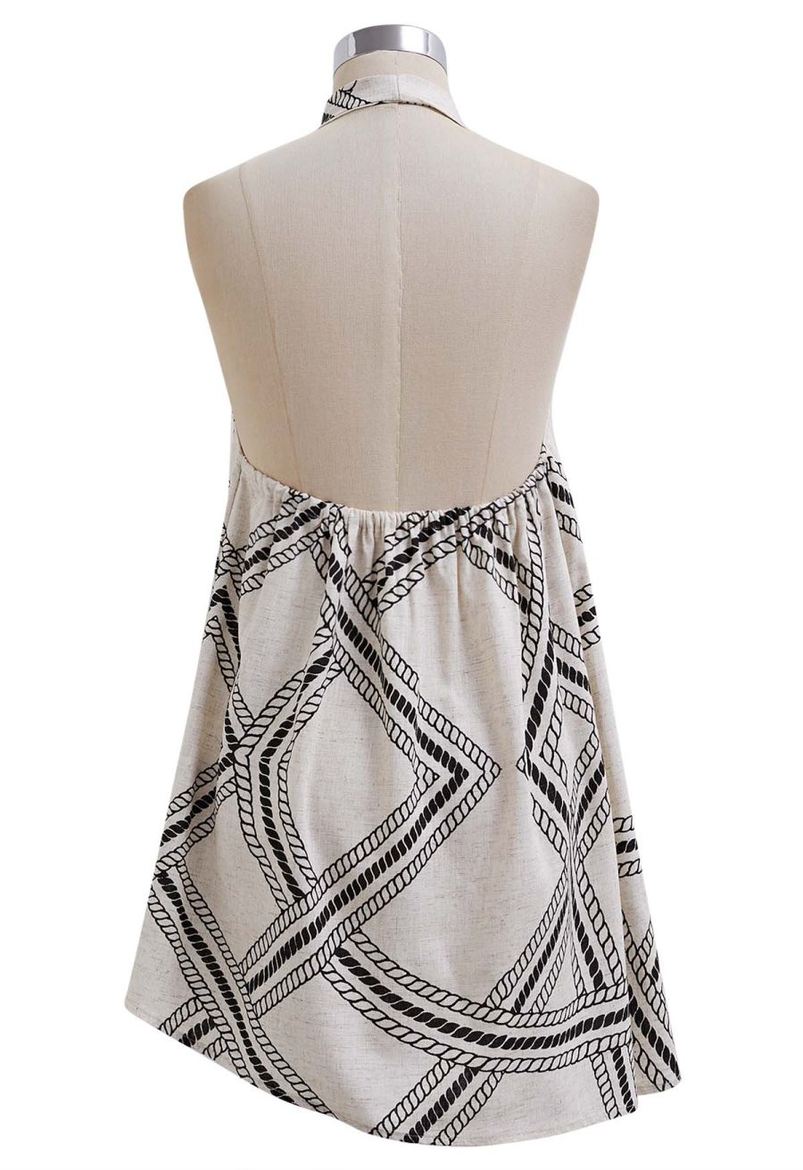 Geometric Grid Linen-Blend Backless Halter Top