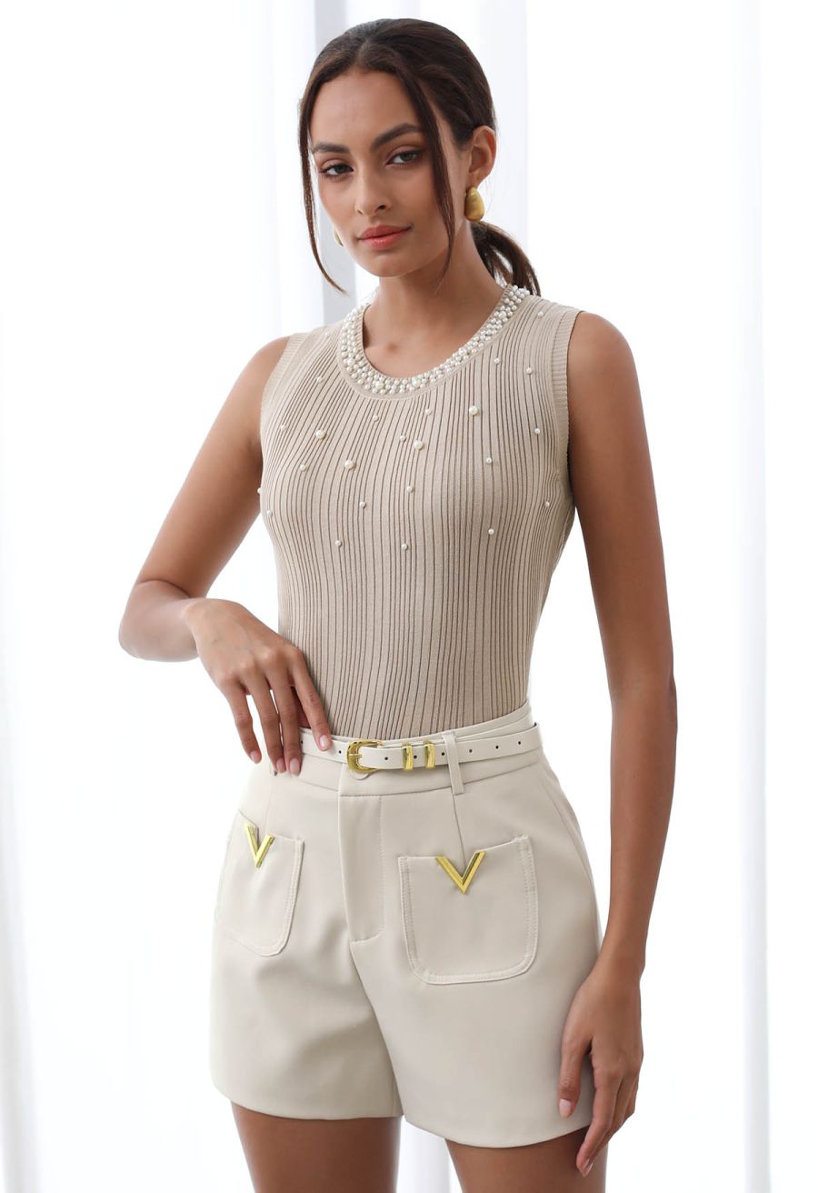 Golden V-Shape Metal Decor Belted Shorts in Ivory