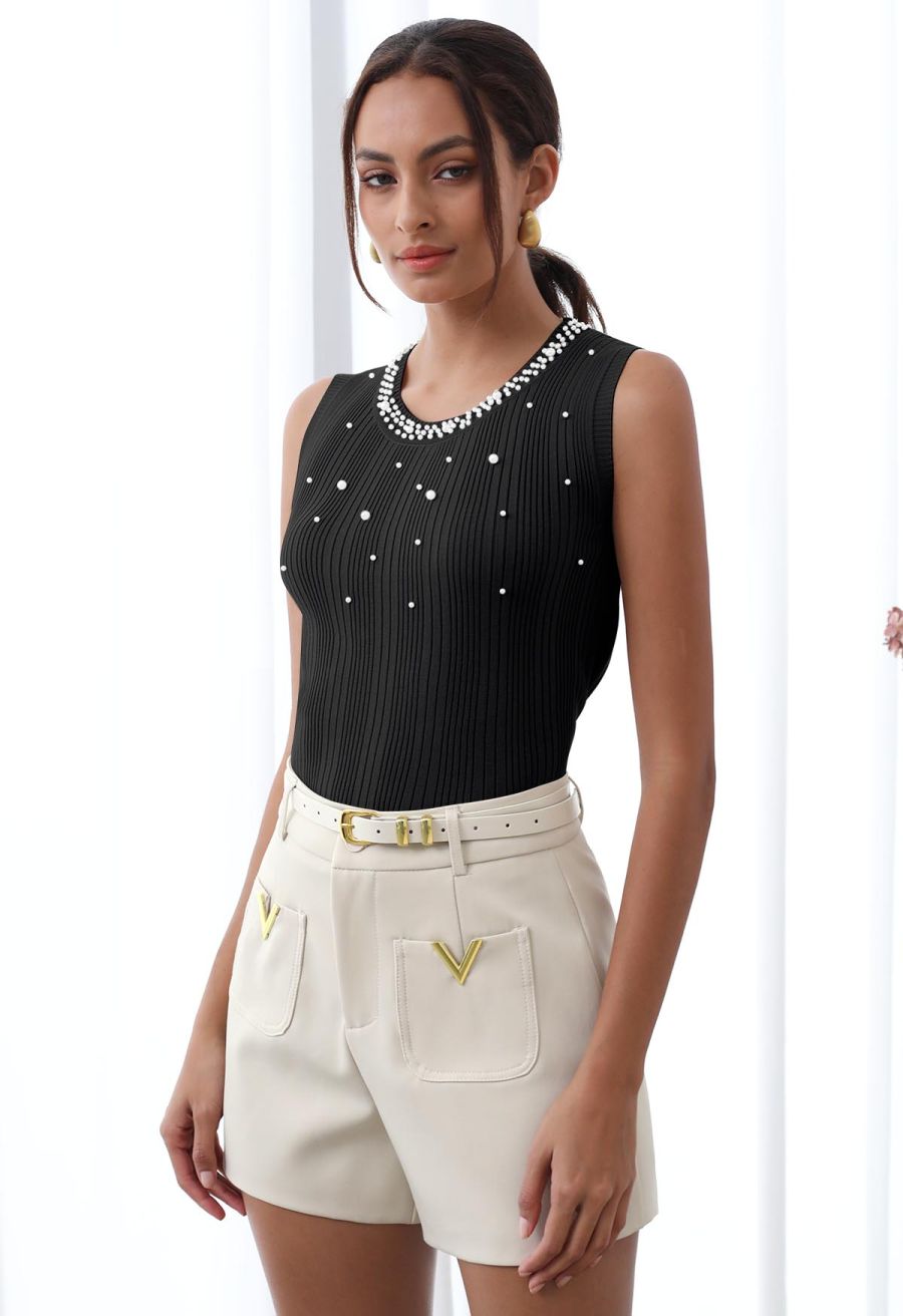 Pearl Trimmed Sleeveless Ribbed Crop Knit Top in Black