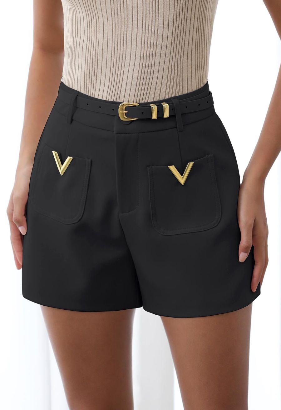 Golden V-Shape Metal Decor Belted Shorts in Black