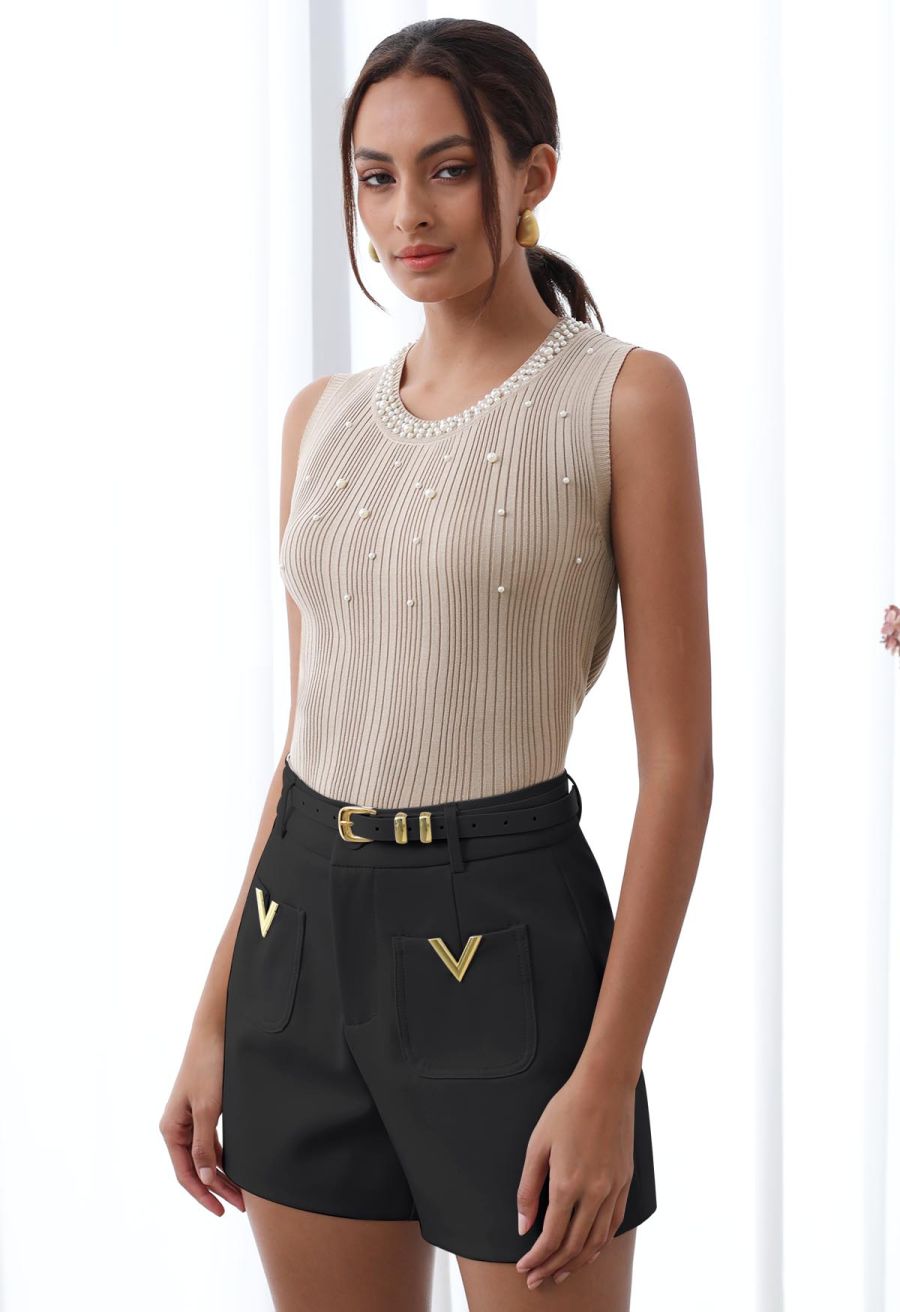 Golden V-Shape Metal Decor Belted Shorts in Black