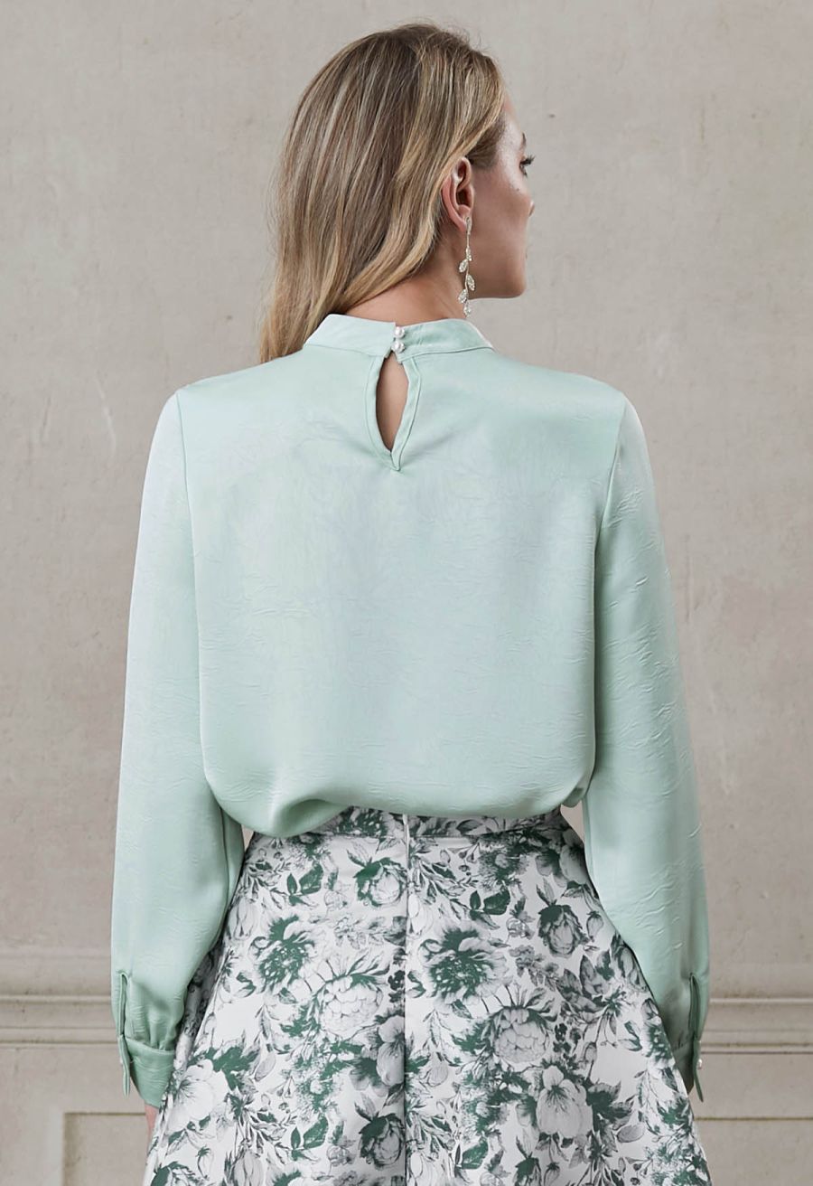 Brooch Decor Necktie Textured Satin Top in in Mint