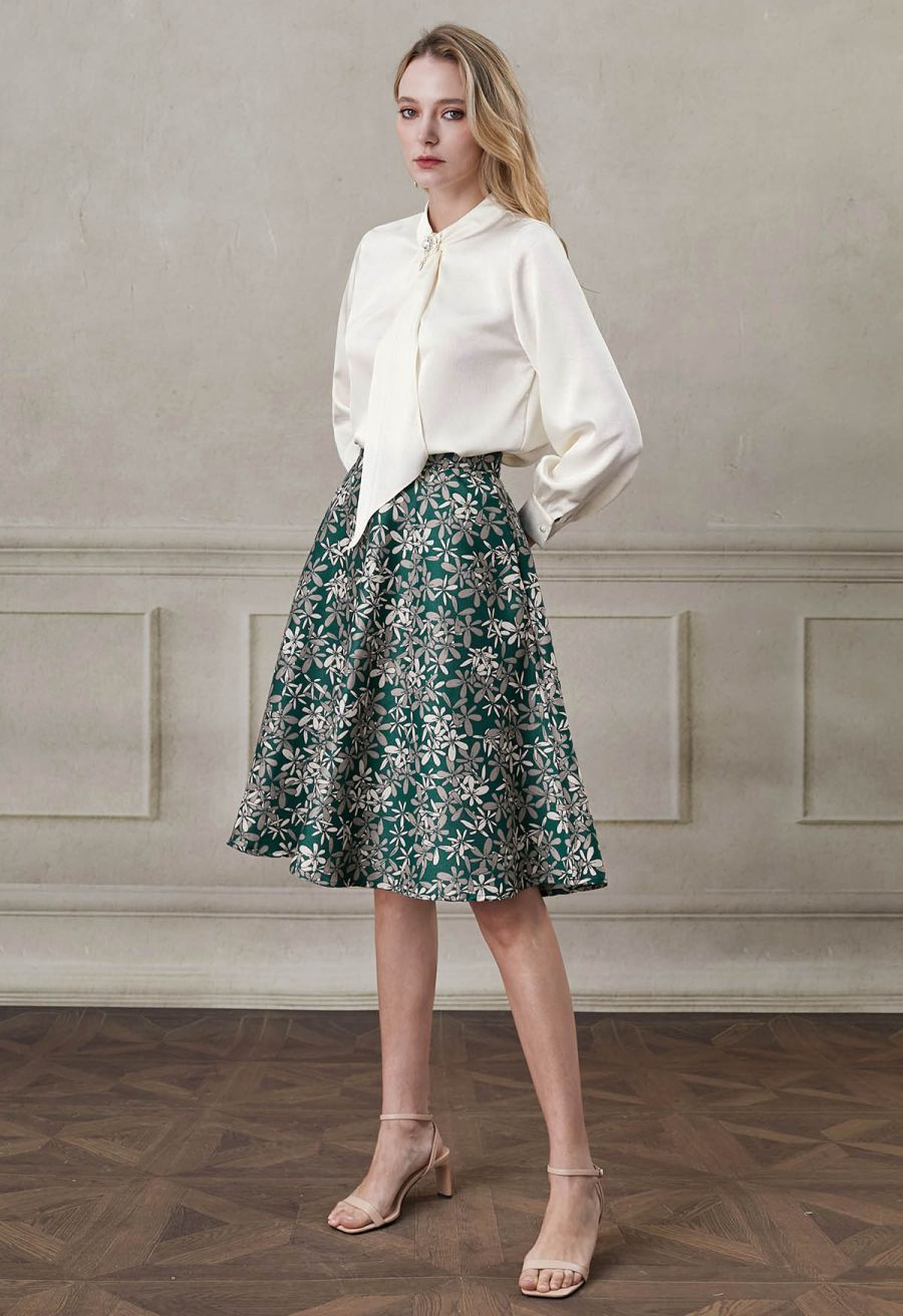 Blissful Daisy Jacquard Side Pocket A-Line Midi Skirt