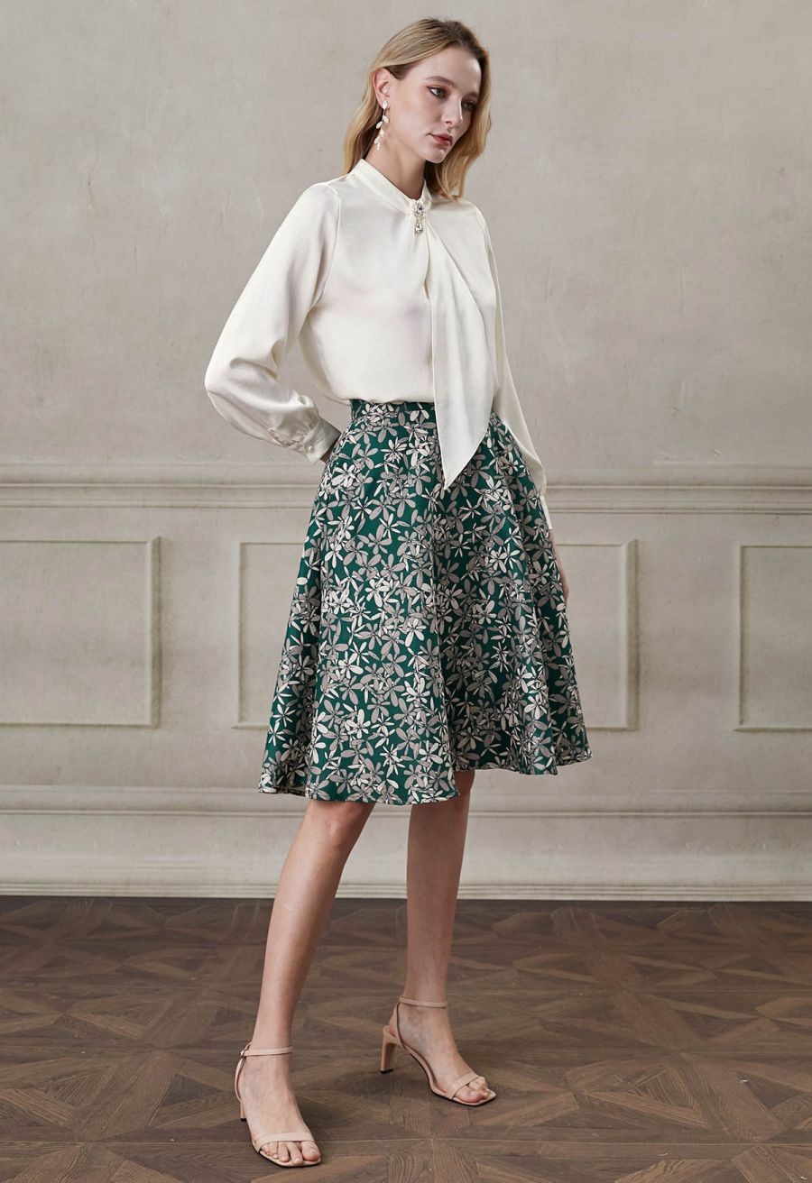 Blissful Daisy Jacquard Side Pocket A-Line Midi Skirt