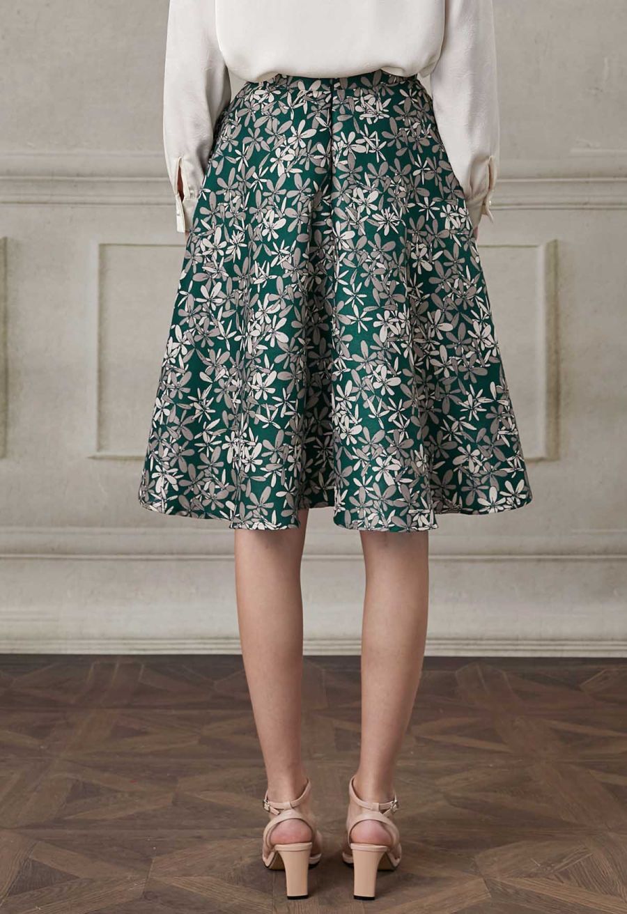 Blissful Daisy Jacquard Side Pocket A-Line Midi Skirt
