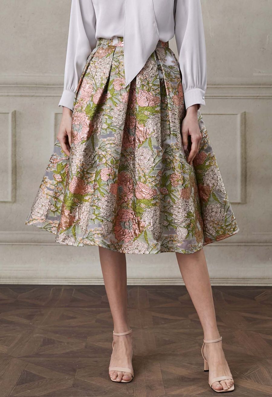 Lustrous Garden Jacquard Pleated Organza Midi Skirt