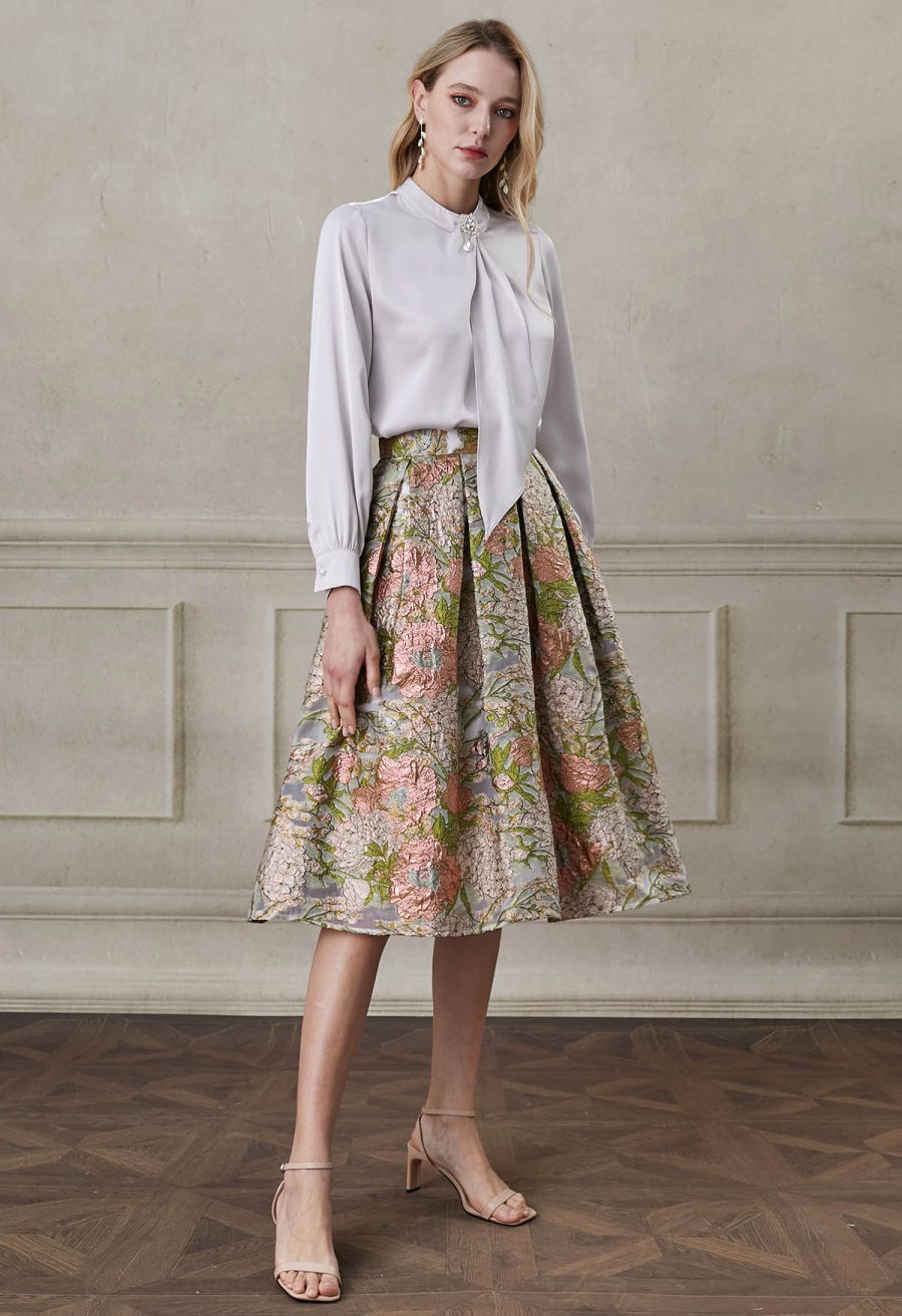 Lustrous Garden Jacquard Pleated Organza Midi Skirt