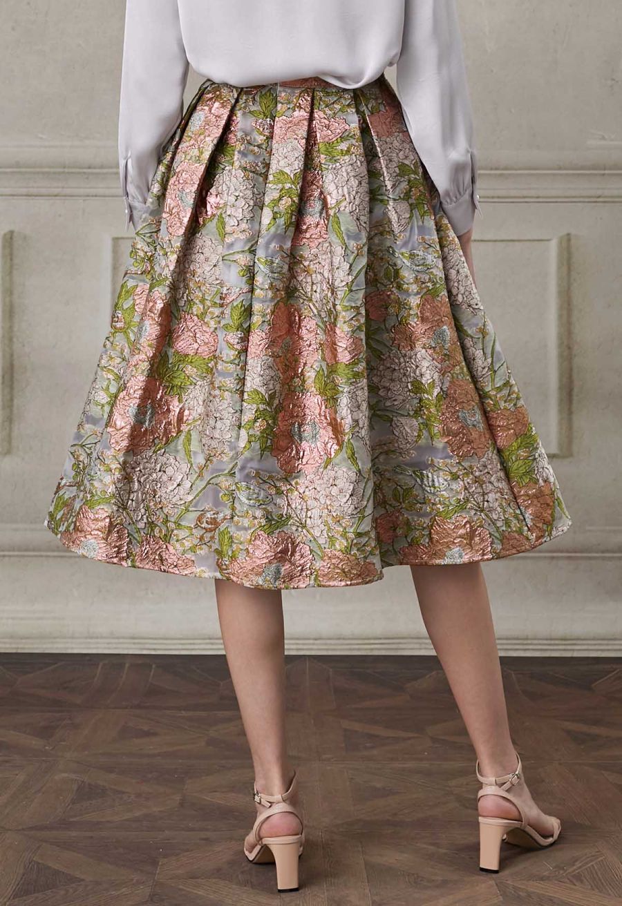 Lustrous Garden Jacquard Pleated Organza Midi Skirt