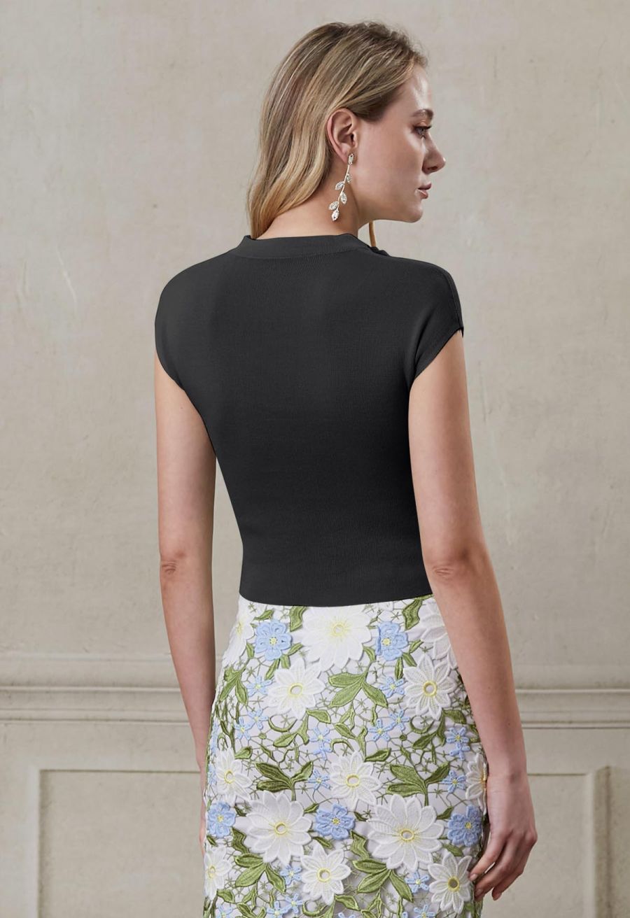 Side Tie Knotted Cap Sleeve Crop Knit Top in Black
