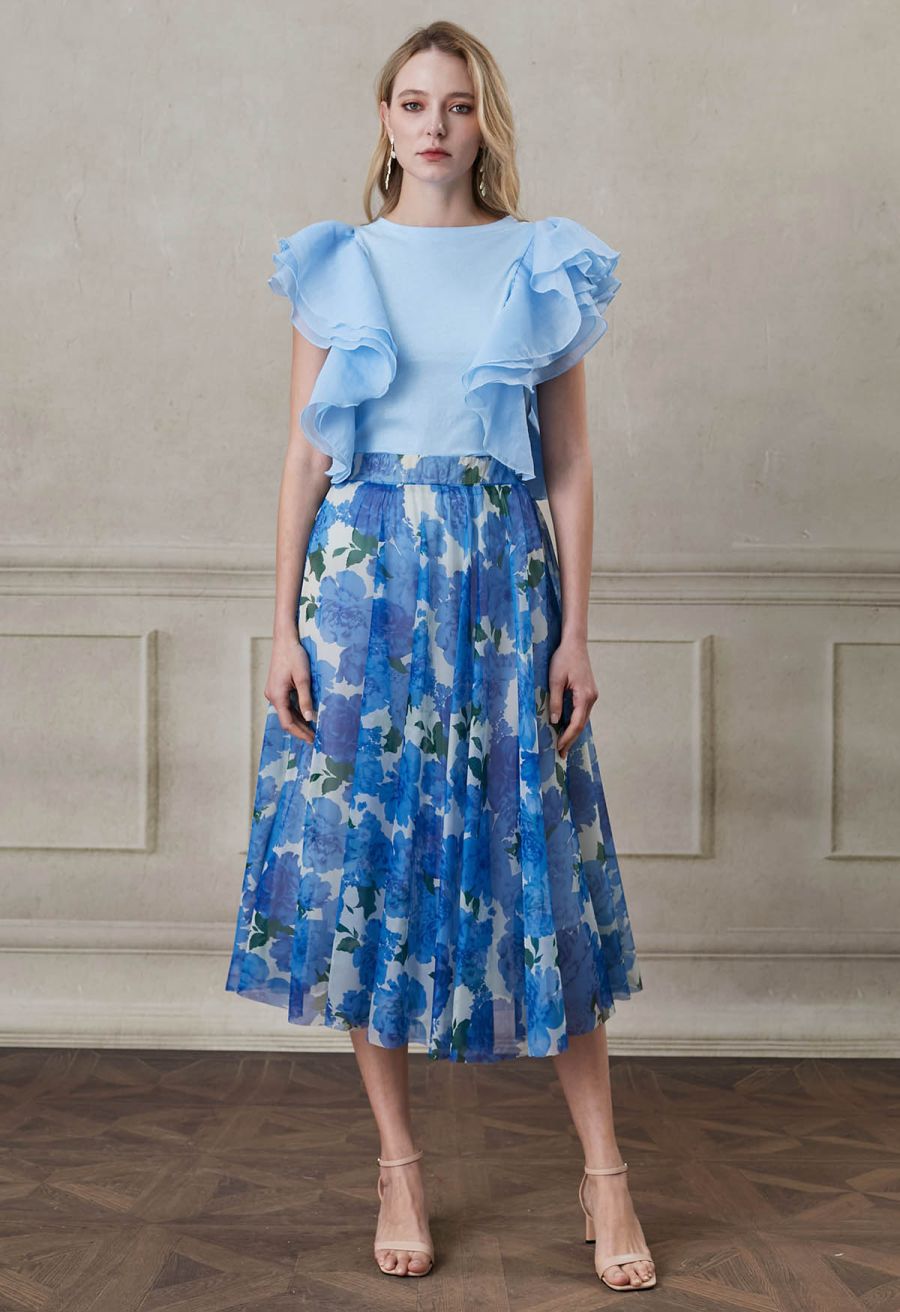 Exaggerated Organza Ruffles Sleeveless Top in Sky Blue
