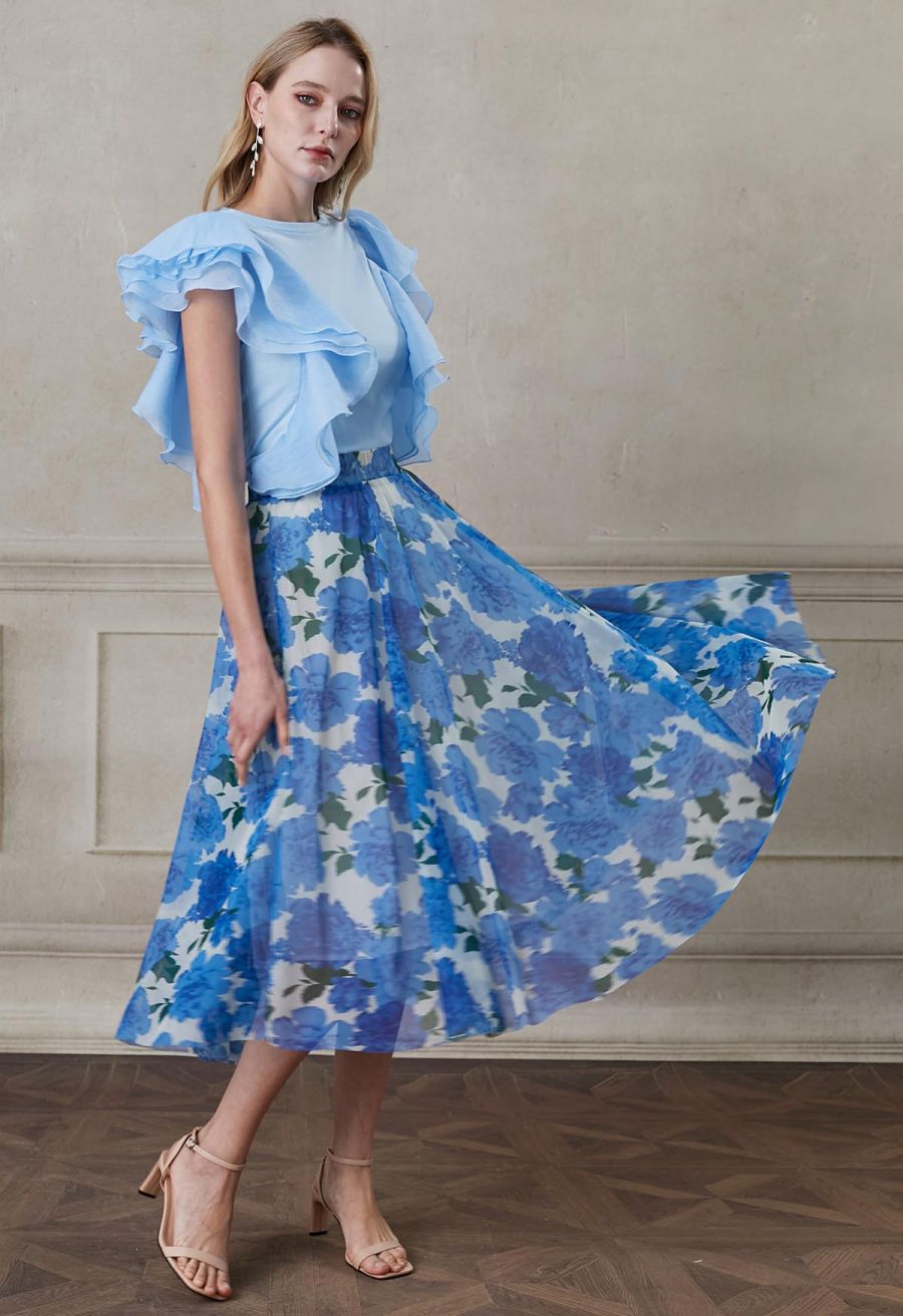 Exaggerated Organza Ruffles Sleeveless Top in Sky Blue